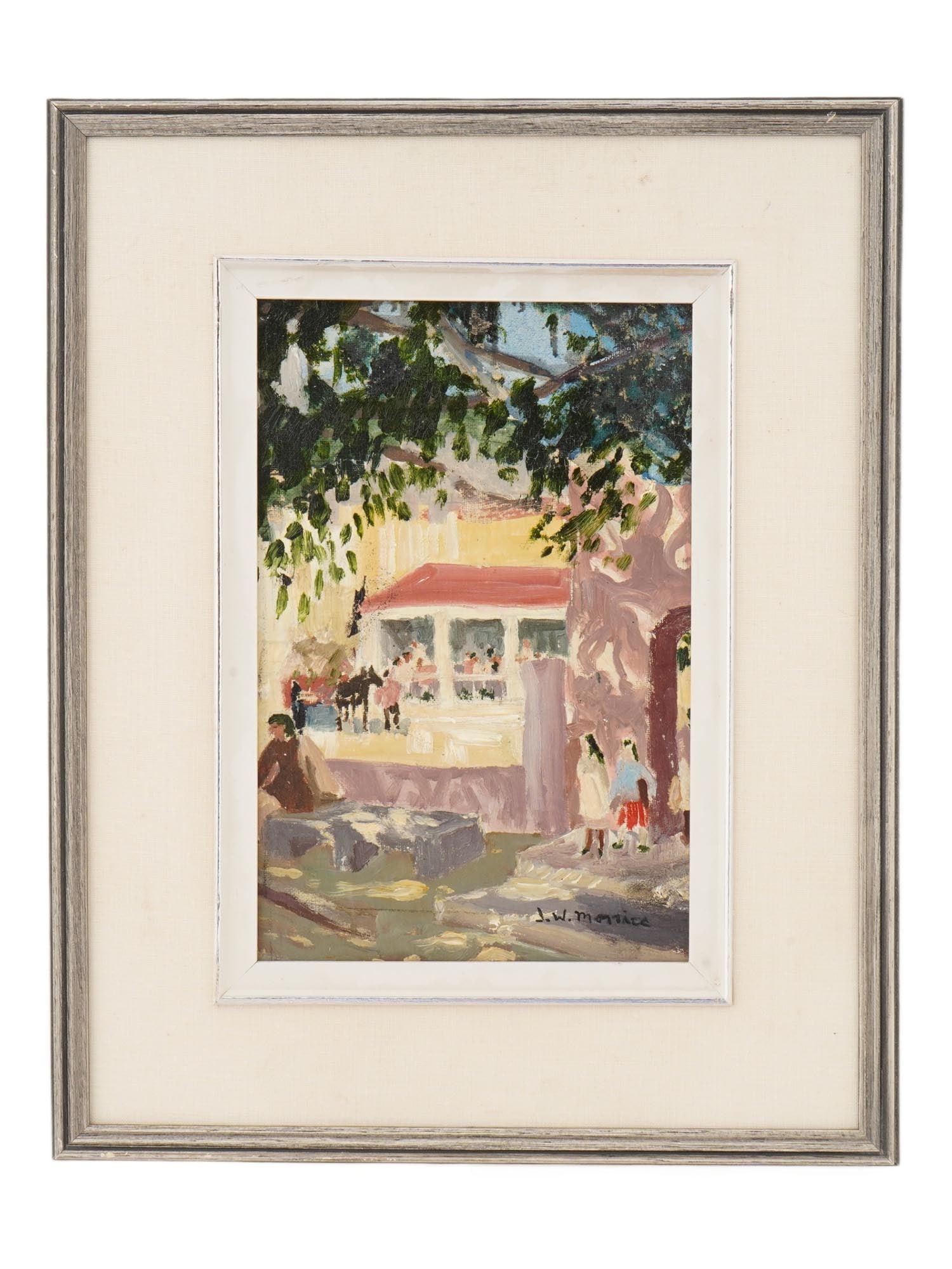 SIGNED JAMES WILSON MORRICE ANTIQUE OIL PAINTING: An antique oil on canvas over board painting signed J.W. Morrice lower right. The painting depicts an impressionistic genre scene in a summer landscape. Matted and framed. James Wilson Morrice, 1865