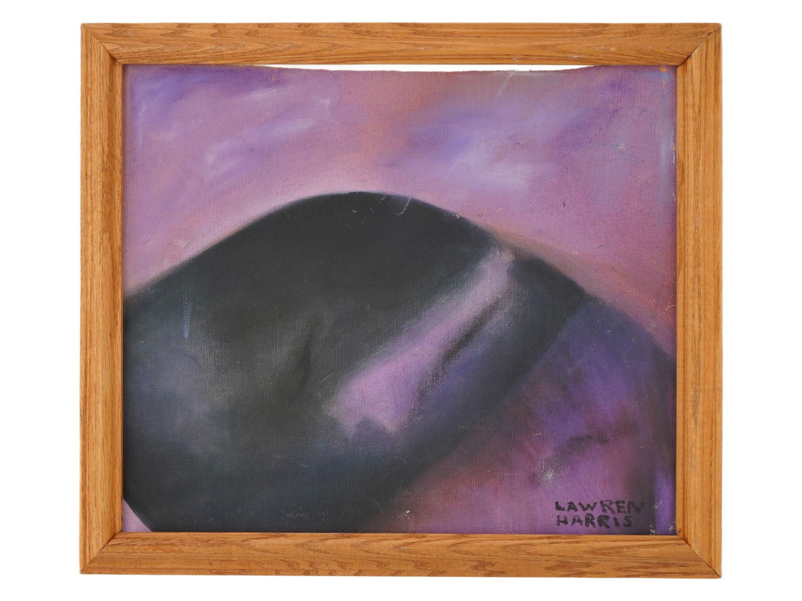 MODERNIST CANADIAN OIL PAINTING SIGNED LAWREN HARRIS: An oil painting on canvas depicting an abstract mountain landscape. Signed, Lawren Harris, lower right. Framed. Stamped, Heffel Fine Art Auction House, on the reverse. Lawren Stewart Harris, Canadian,
