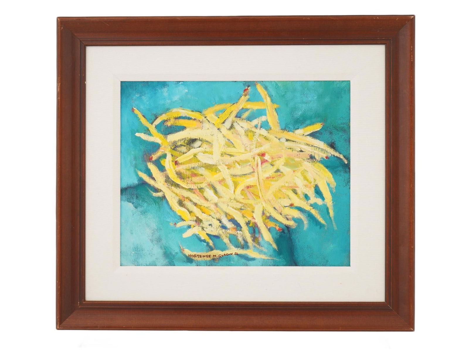 HORTENSE GORDON CANADIAN ABSTRACT PAINTING 1956: An oil painting on canvas signed and dated 1956 by Canadian artist Hortense Gordon, 1886 to 1961, a notable member of the influential Painters Eleven group. Known for her transition from representatio