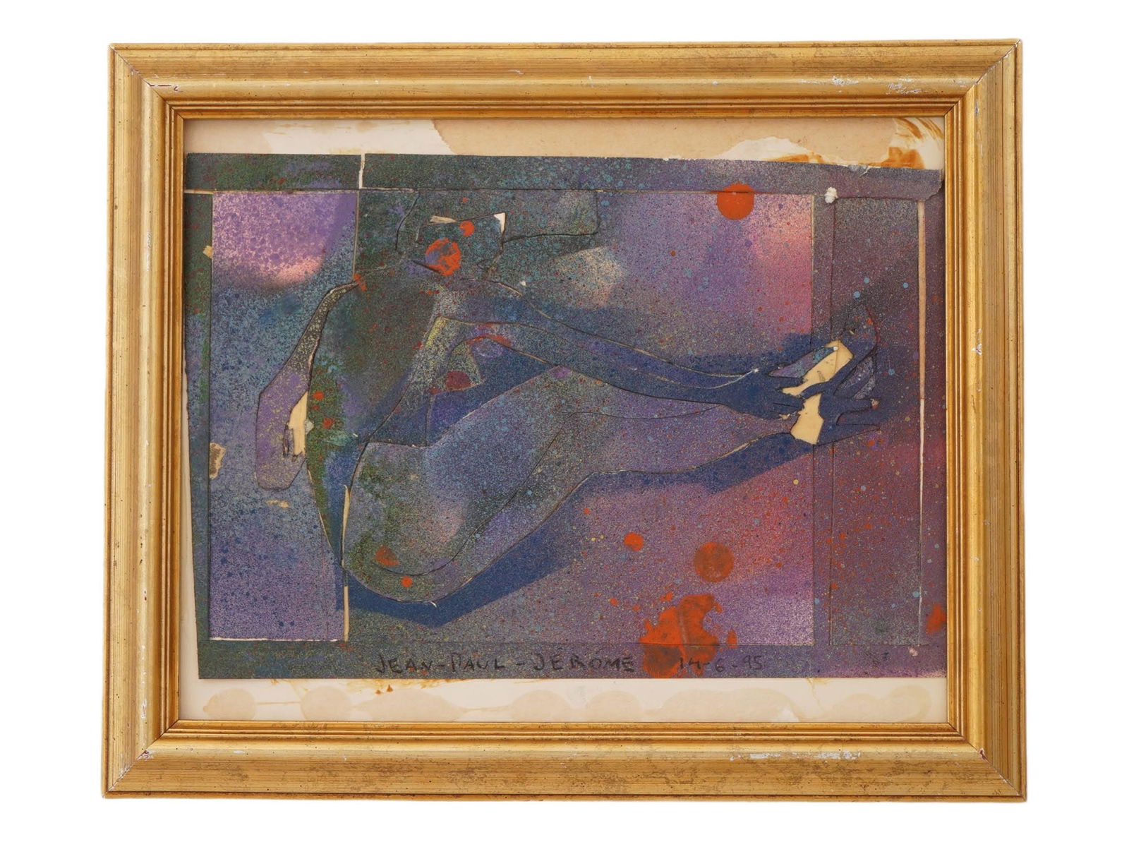 SIGNED JEAN PAUL JEROME MIX MEDIA COLLAGE ARTWORK: A vintage mixed media collage artwork. Signed Jean Paul Jerome and dated 1995 lower right. Jean Paul Jerome, 1928 to 2004, was a Canadian artist, designer, and sculptor and co-founder of Les Plasticie