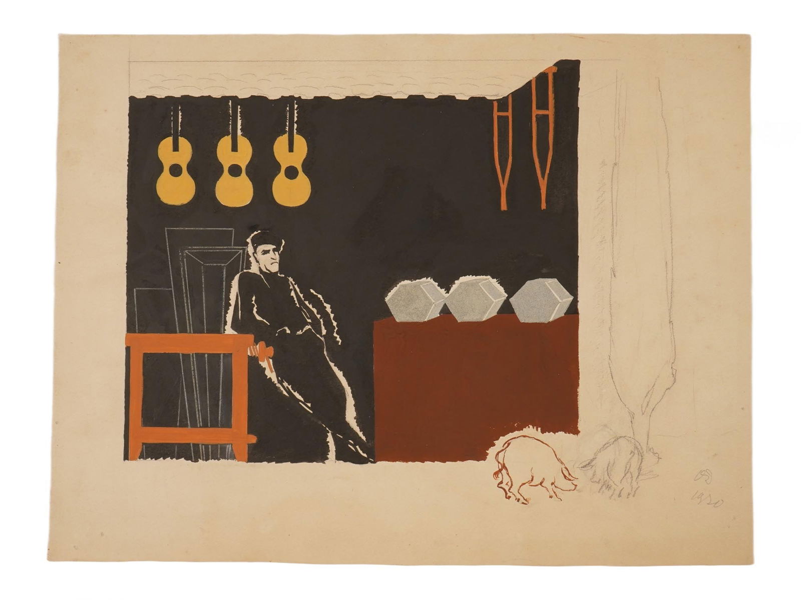 RUSSIAN PAINTING BY OLGA DEINEKO MAN WITH GUITARS: Olga Deineko, Russian, 1897 to 1970, a mixed media painting on paper depicting depicts a man standing next to a table, with three guitars and a pair of crutches hanging on the wall behind him. Signed