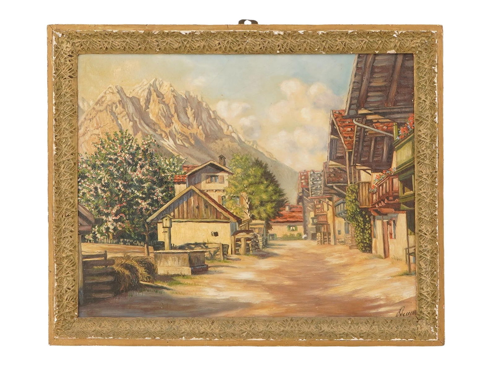 MOUNTAIN LANDSCAPE OIL PAINTING SIGNED BAYER: Oil on board painting. European, early to mid-20th century. The artwork depicts a street view of a village in the Alps. Signed in the lower right, Bayer. Framed. Collectible Fine Art, Mountain Landsca