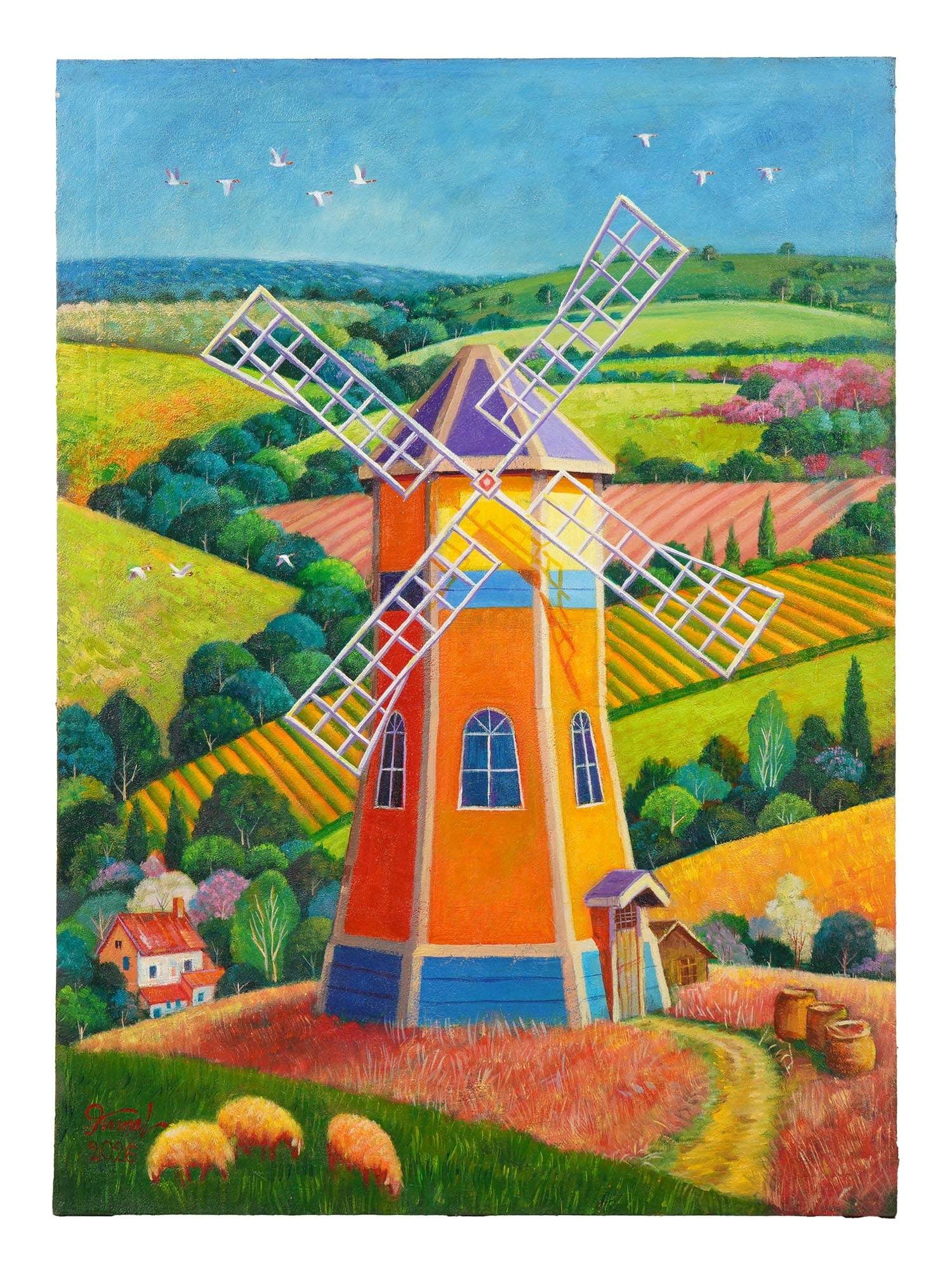 ORIGINAL SYRIAN OIL PAINTING BY KAMAL HABIB HASAN W COA: Kamal Habib Hasan, Syrian, born 1973, an original mixed media oil and sand painting on canvas, Impressionist Windmill Scene, 2026. Signed and dated, lower left. Additionally signed and dated, on the b