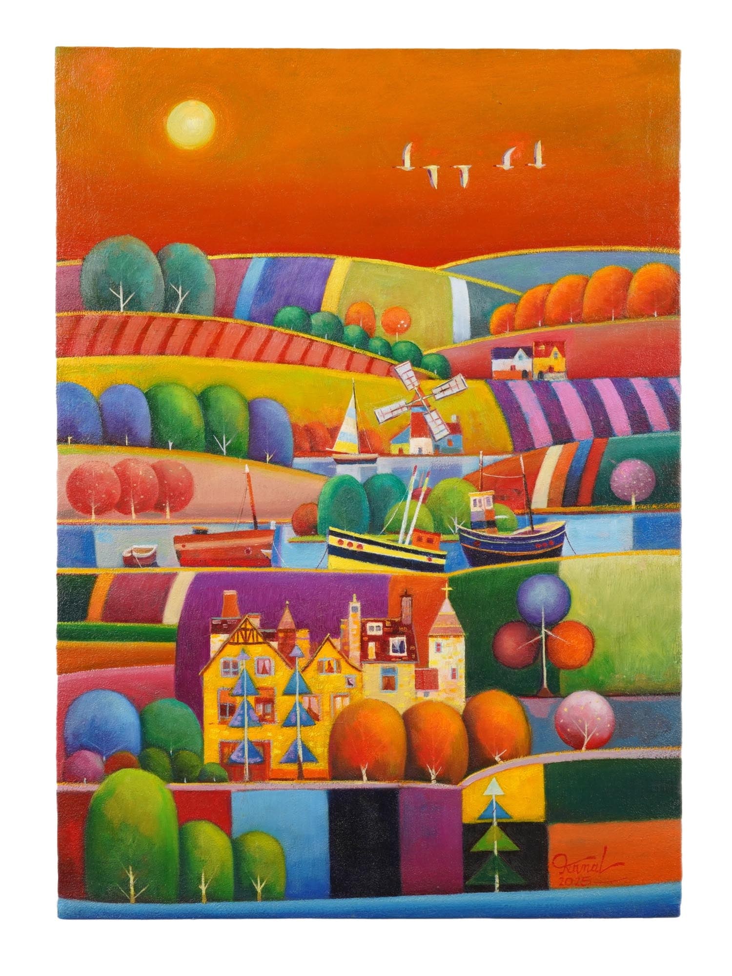 ORIGINAL SYRIAN OIL PAINTING BY KAMAL HABIB HASAN W COA: An original Syrian oil painting on canvas with sand by Kamal Habib Hasan, 2025. The artwork titled Abstract Landscape with Nautical Elements depicts a bright composition with a multi-layered landscape