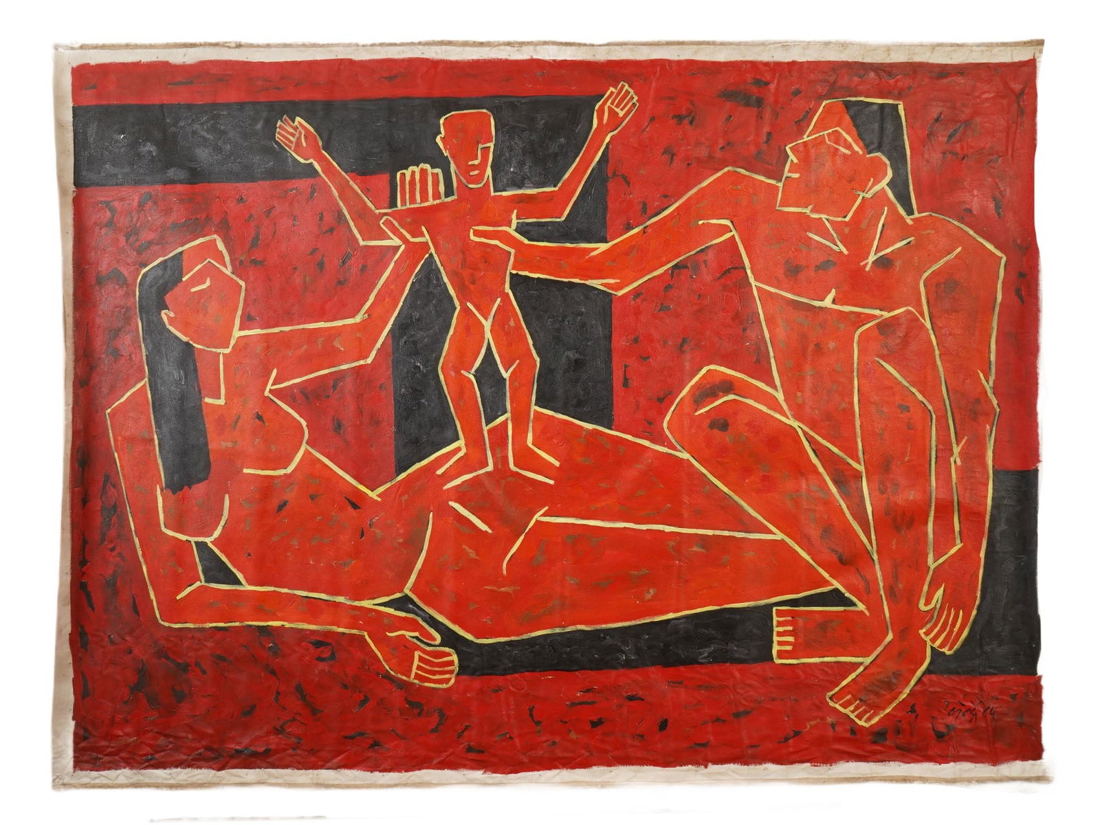 INDIAN ACRYLIC PAINTING SIGNED NARAYAN SHRIDHAR BENDRE: Signed Narayan Shridhar Bendre, Indian, 1910 to 1992, acrylic painting on canvas depicting a family, including male, female and a child, mostly in red tones. Signed lower right. Unframed. Narayan Shri