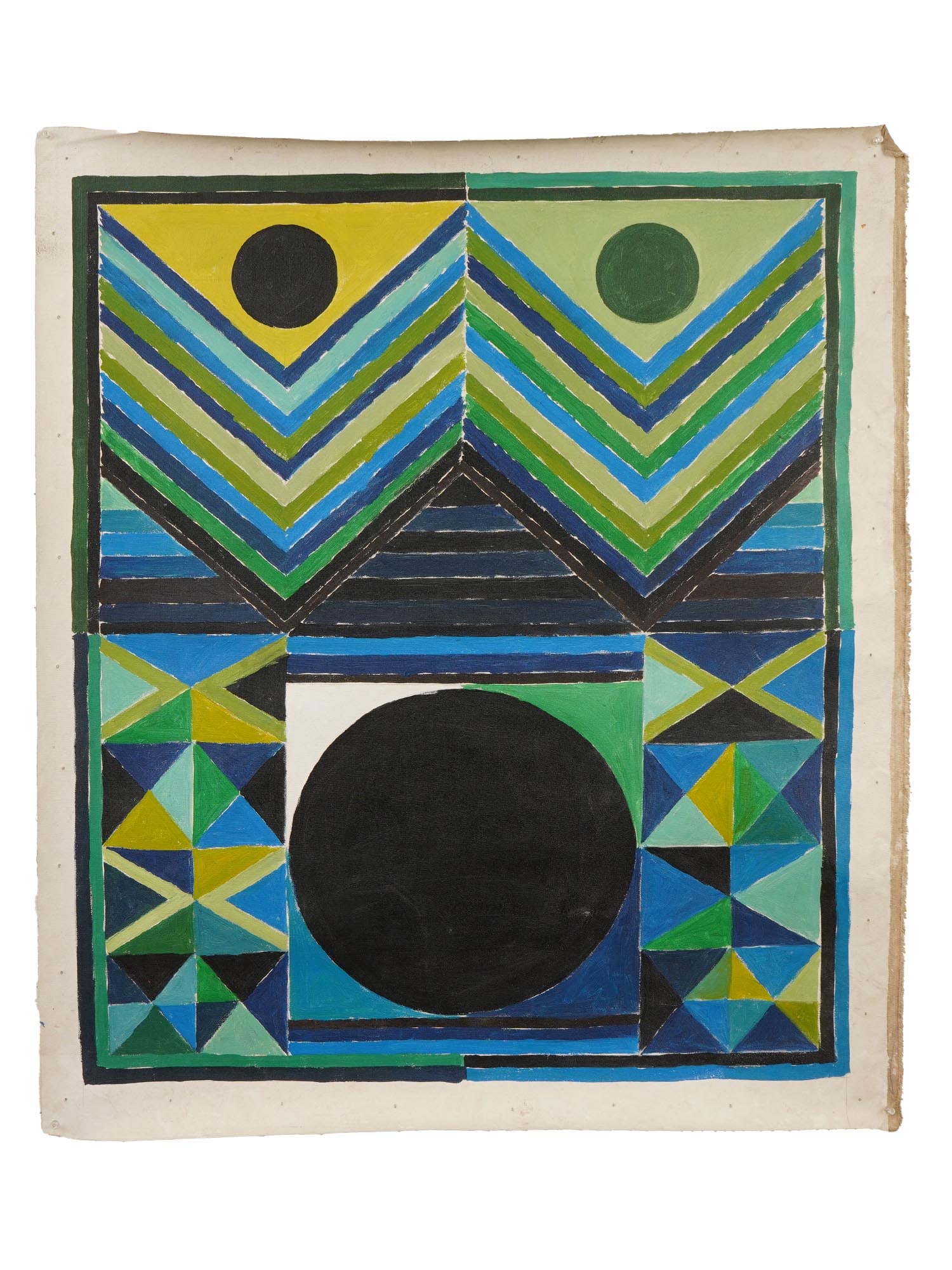 INDIAN MIXED MEDIA PAINTING SIGNED SAYED HAIDER RAZA: A mixed media acrylic and oil painting on canvas depicting an abstract composition. Signed, Raza, on the backside. Syed Raza is known for Abstract, highly colored painting, landscape, circle shapes, s