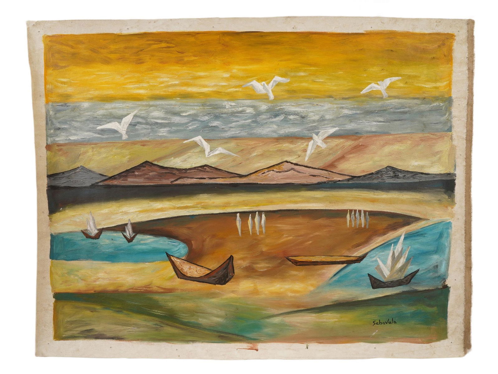 AFTER JEHANGIR SABAVALA INDIAN LANDSCAPE PAINTING: In the style of Jehangir Sabavala, Indian, 1922 to 2011, acrylic on canvas painting. The artwork depicts a desert landscape with figures and boats. Signed in the lower right. Untitled. Unframed. Stude