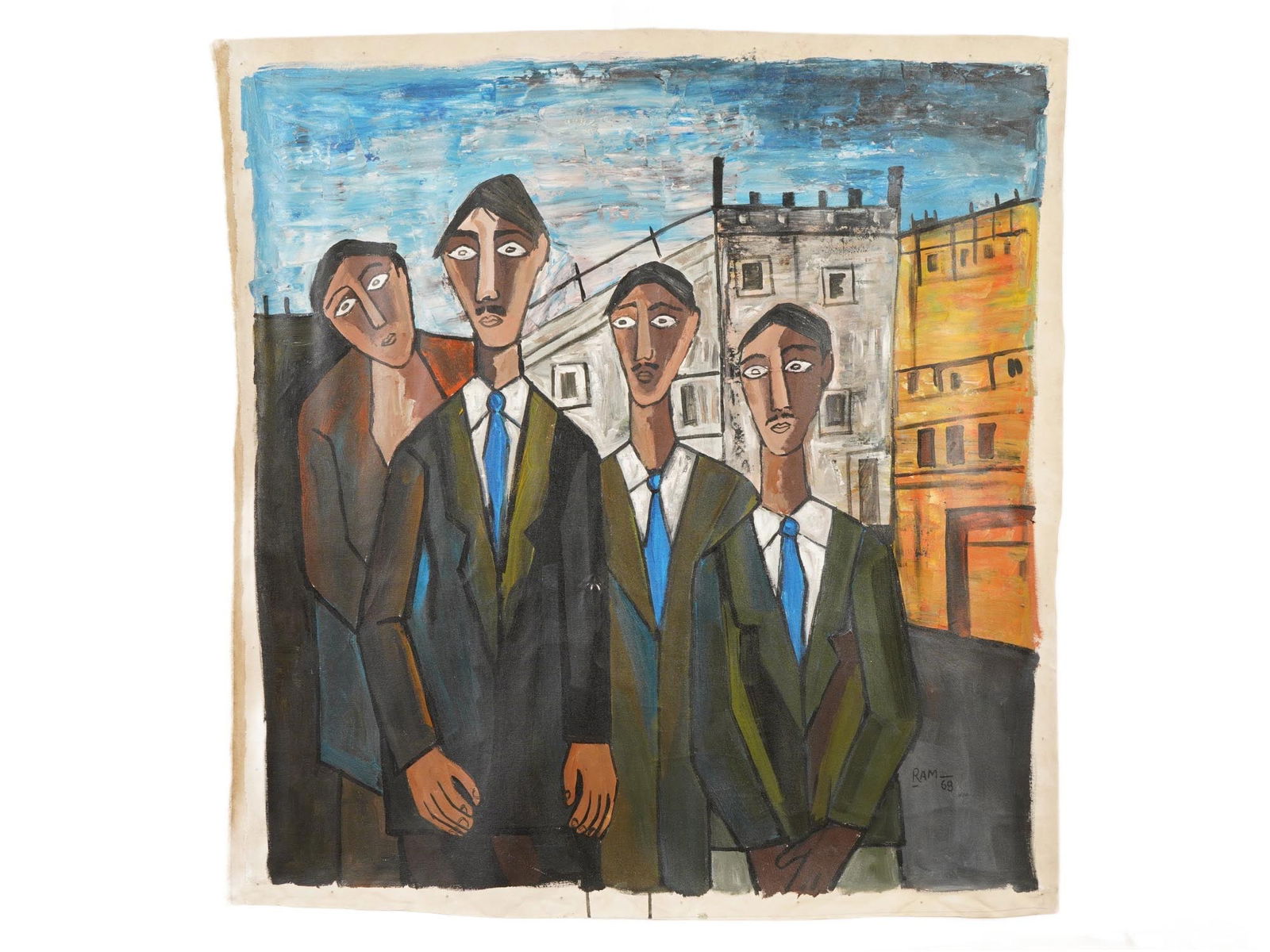 SIGNED RAM KUMAR INDIAN OIL PAINTING W COA 1968: Signed Ram Kumar, Indian, 1924 to 2018, oil on canvas painting depicting a group of four male figures in suits, against a backdrop of buildings. Signed and dated 1968 lower right. Comes with a Certifi