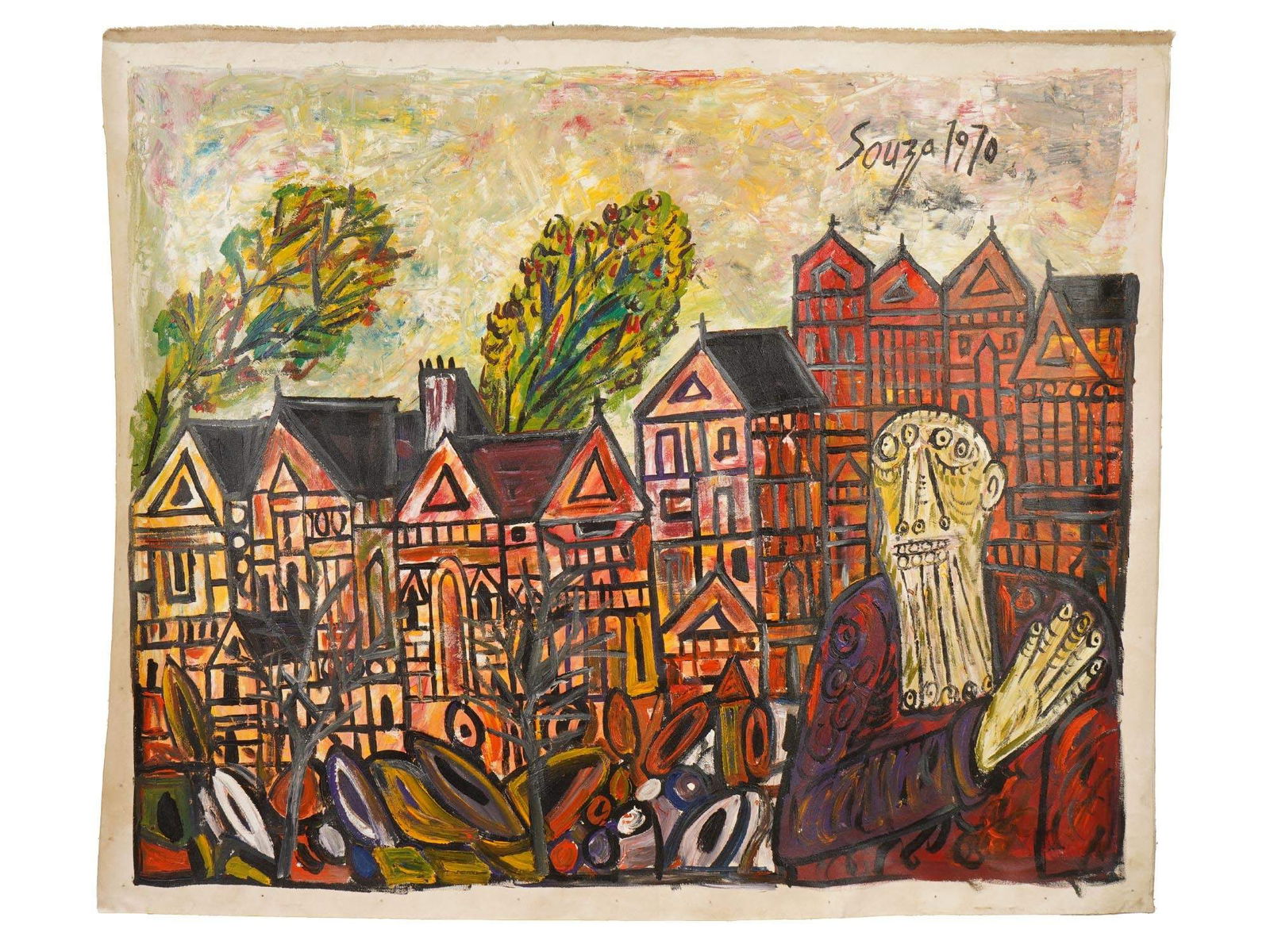 SIGNED SOUZA VINTAGE INDIAN SCHOOL ACRYLIC PAINTING: An Indian School acrylic painting on canvas depicting a surrealistic portrait of a man in a cityscape. Signed, Souza and dated 1970, upper right. Francis Newton Souza, Indian, 1924 to 2002, known as F
