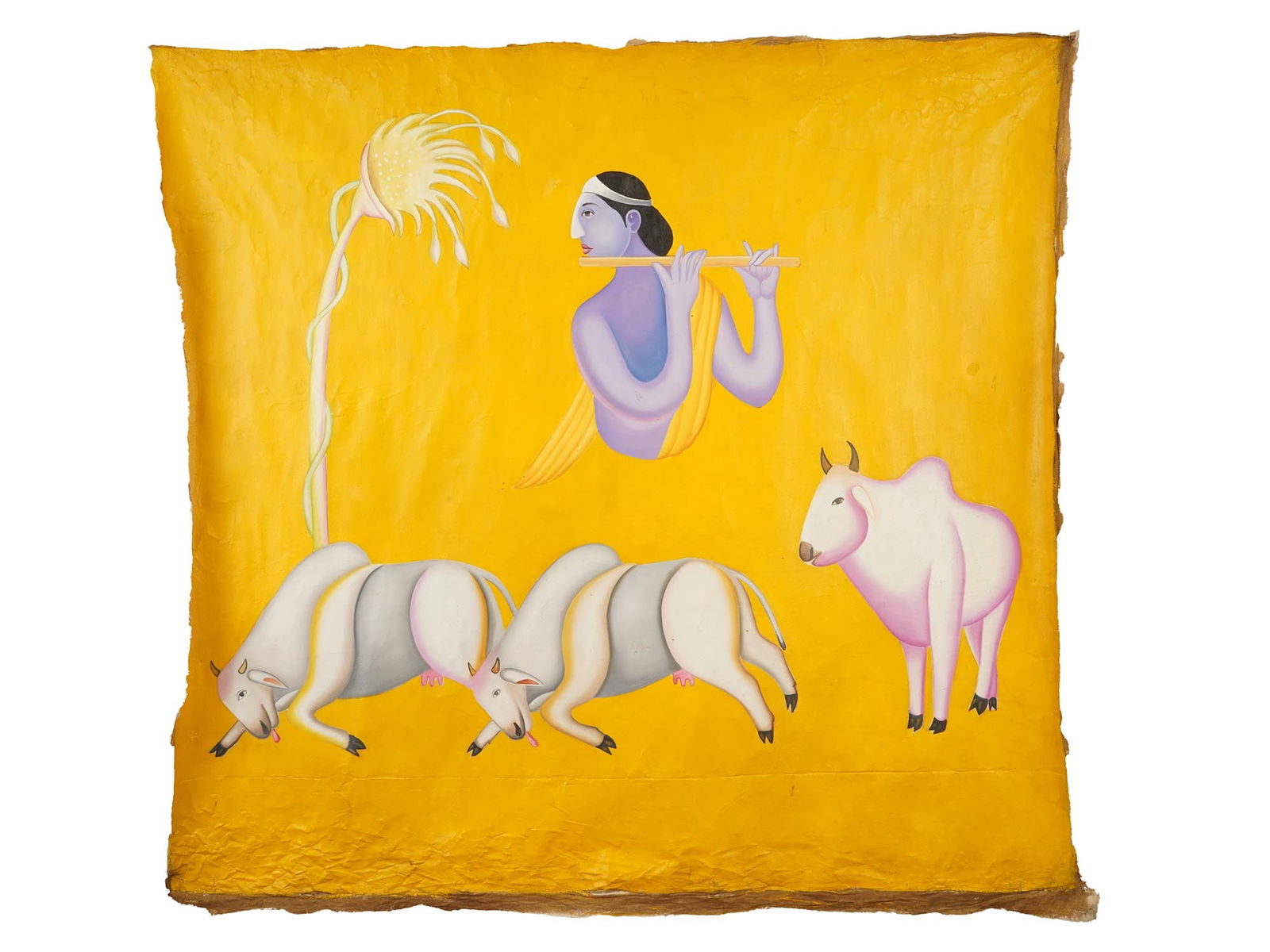 INDIAN SCHOOL KRISHNA OIL PAINTING AFTER MANJT BAWA: An oil painting on canvas depicting a genre scene with Krishna and bulls after the original artwork by Manjit Bawa, Indian, 1941 to 2008. Inscribed, Manjit Bawa, and dated 91, on the backside. Manjit