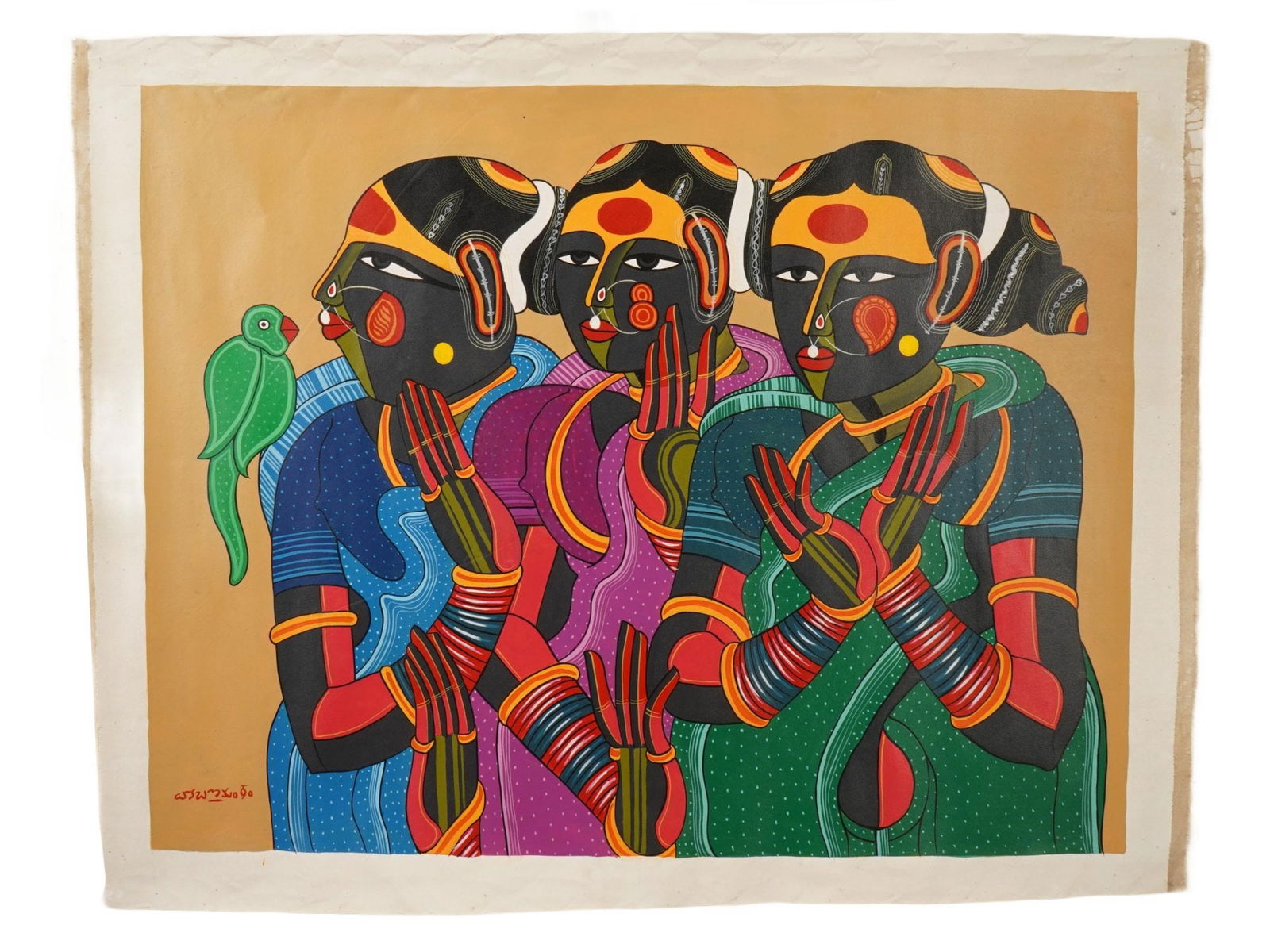 INDIAN ACRYLIC PAINTING SIGNED THOTA VAIKUNTAM W COA: A mid-century Indian School, acrylic on canvas painting, signed Thota Vaikuntam, born 1942 one of Indias most distinctive contemporary artists. The painting depicts three women in brightly colored out