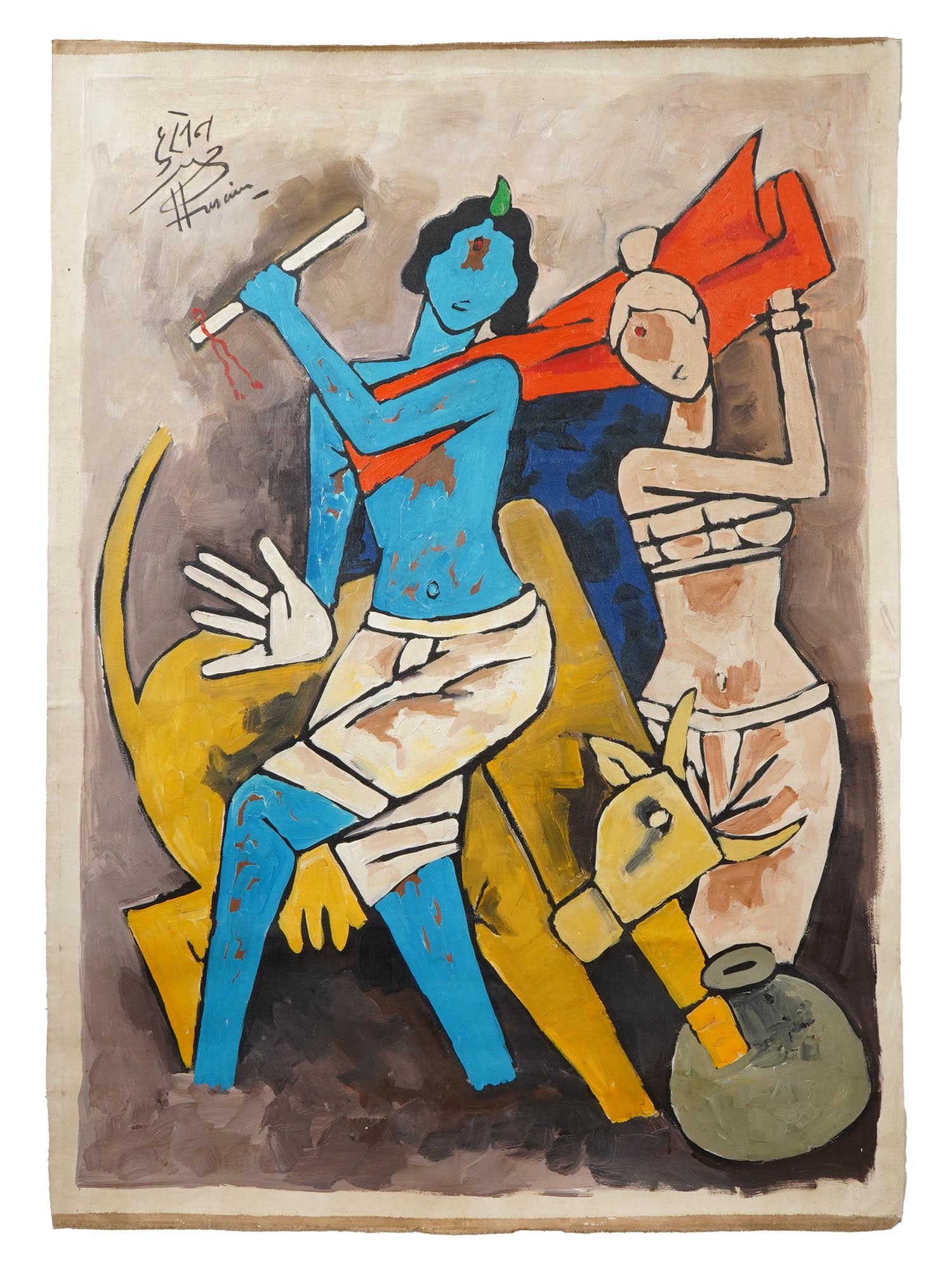 ATTR TO MF HUSAIN INDIAN OIL PAINTING WITH COA (1 of 5)