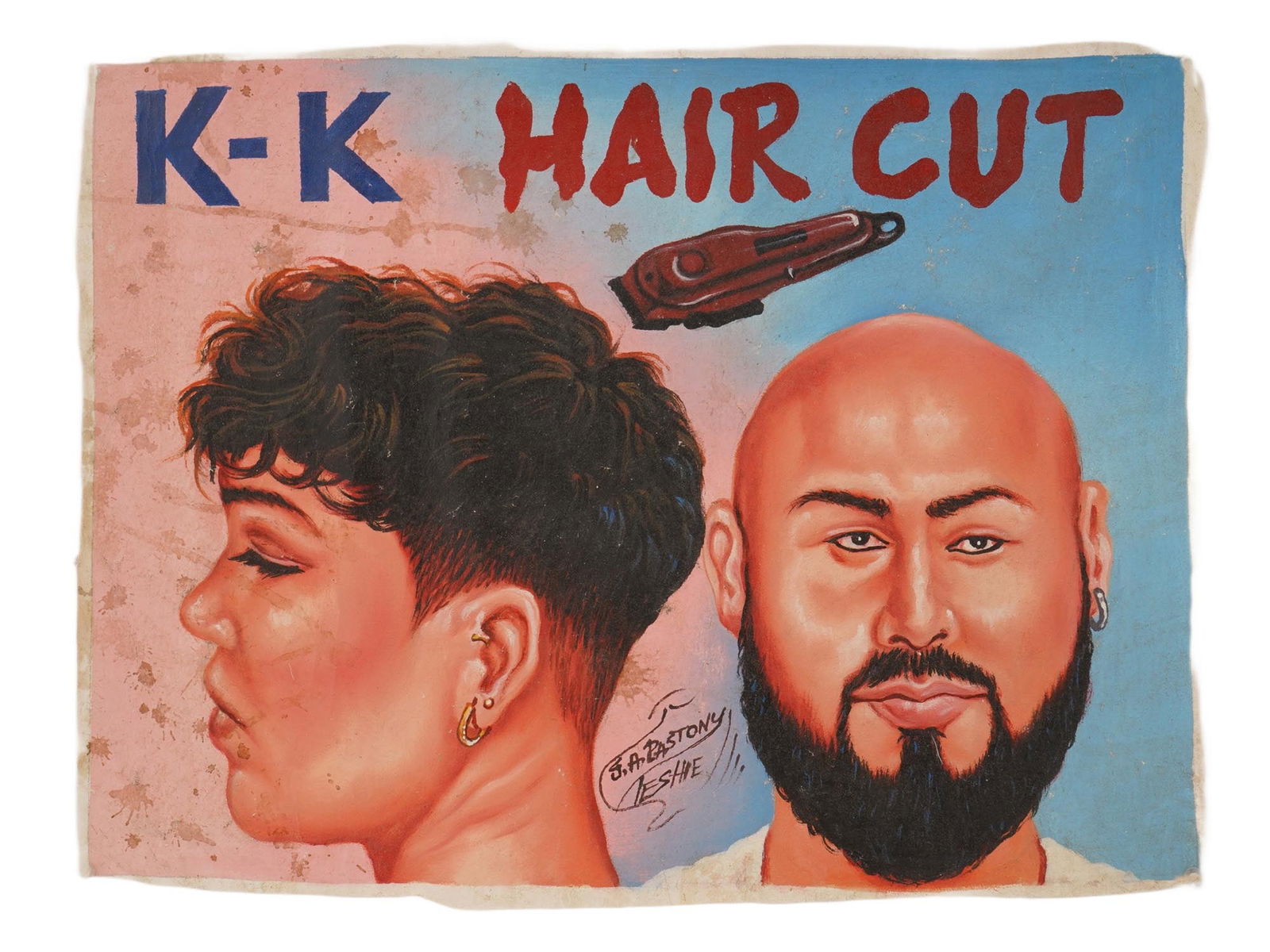 GHANAIAN OIL PAINTING BARBERSHOP SIGN BY J A PASTONY: An original oil painting on flour bag barbershop sign from Ghana. Signed by J. A. Pastony of Teshie, lower to the center. The panel advertises K K Hair Cut and features two stylized portraits of a man