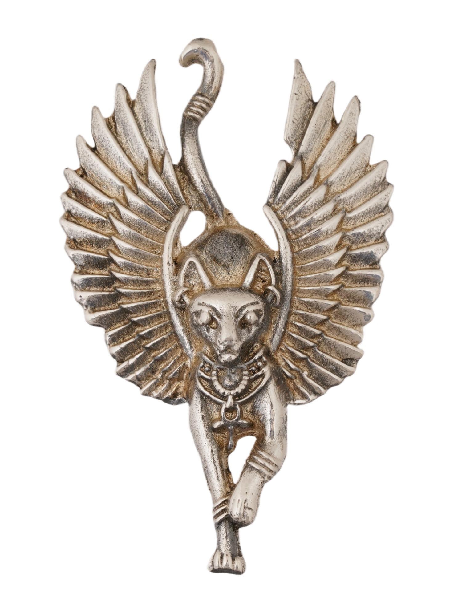 EGYPTIAN CAT BASTET GODDESS SILVER CHARM PENDANT: A vintage Silver charm pendant depicting a winged cat, symbolizing the ancient Egyptian goddess Bastet, revered as the goddess of protection, the hearth, joy, music, and fertility. The pendant feature