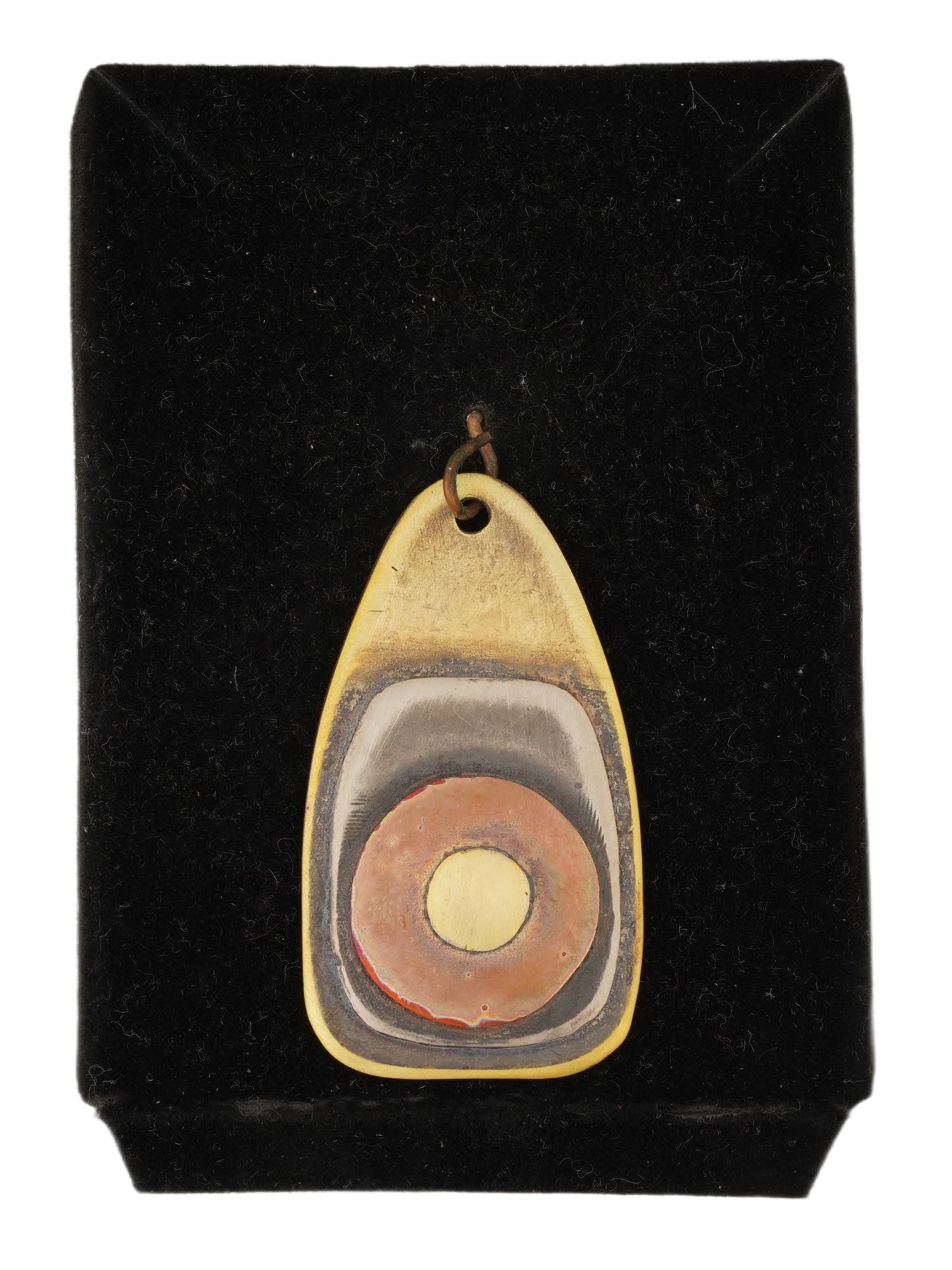 CUBAN ART SMITH MIXED METAL GEOMETRIC PENDANT: Art Smith, Cuban, 1917 to 1982, mixed metal geometric pendant. Marked, Art Smith on the back. From the mid-1940s until 1979, Arthur Art Smith was a leading member of the studio jewelry movement in New