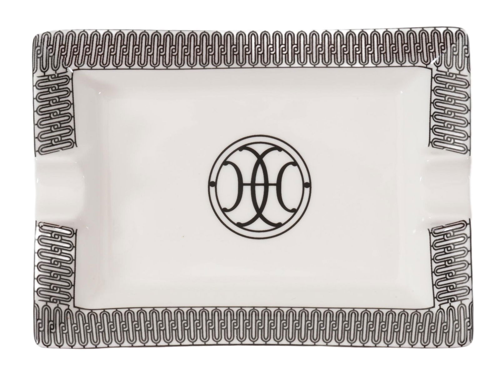 VINTAGE FRENCH HERMES PARIS H DECO PORCELAIN ASHTRAY: A vintage French Hermes Paris H Deco porcelain ashtray. Produced by Hermès as part of the H Deco collection, the design draws inspiration from Art Deco ironwork found in the brands Parisian