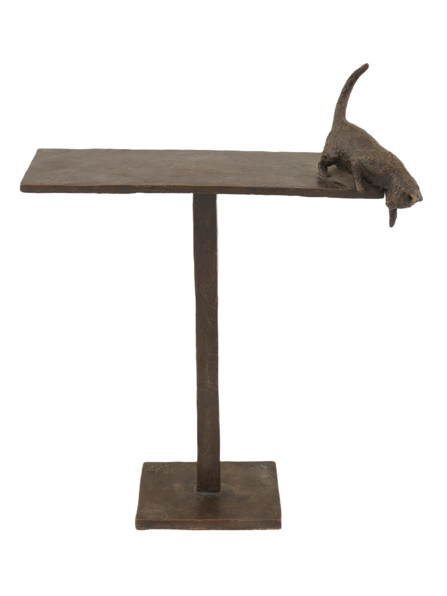 VINTAGE AMERICAN BRONZE CAT SCULPTURE BY SYD GINSBERG: A vintage American bronze sculpture by Syd Ginsberg. The sculpture features a strictly geometric table with a figure of a kitten playing on its edge. Marked Ginsberg and dated 1995 on the base. Vintag