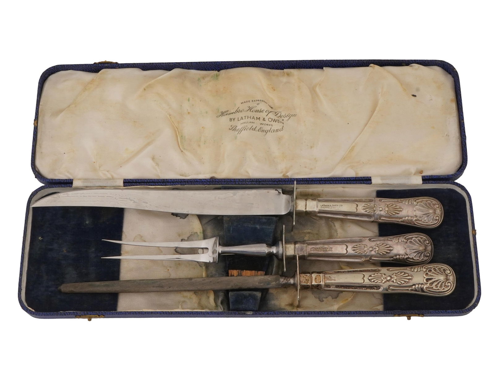 ANTIQUE LATHAM OWEN SHEFFIELD MEAT CARVING SET SILVER (1 of 9)