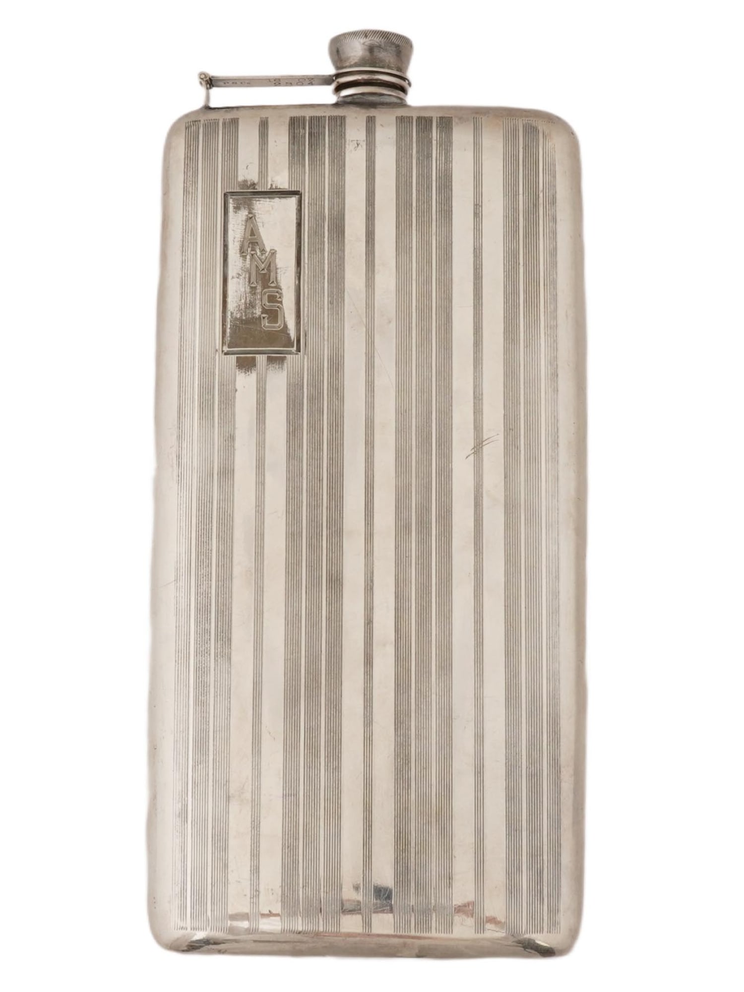 VINTAGE ART DECO MANNER PS CO 16 OZ ETCHED FLASK: A vintage Art Deco manner PS Co 16 Oz flask with a hinged lid. The flask is adorned with an engraved ribbed design. Etched, AMS, upper left. Antique and Vintage Metal Flasks, Drink Wares, and