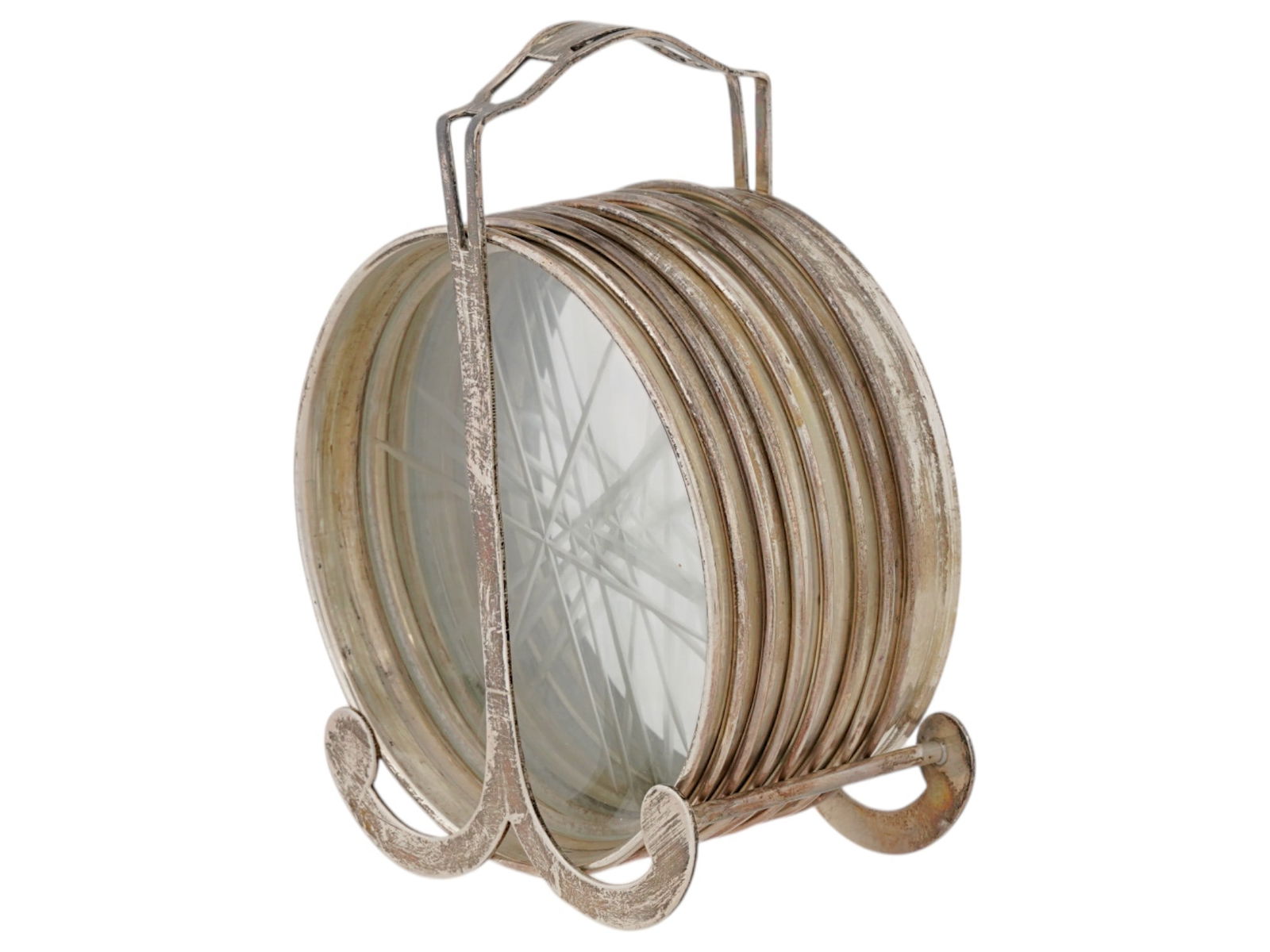 CARTIER STERLING SILVER CRYSTAL COCKTAIL COASTERS: A set of sterling silver cocktail coasters by Cartier. A total of 8 pieces. The coasters are round and stacked in a holder that has a handle. The center of the coasters is made of etched crystal.