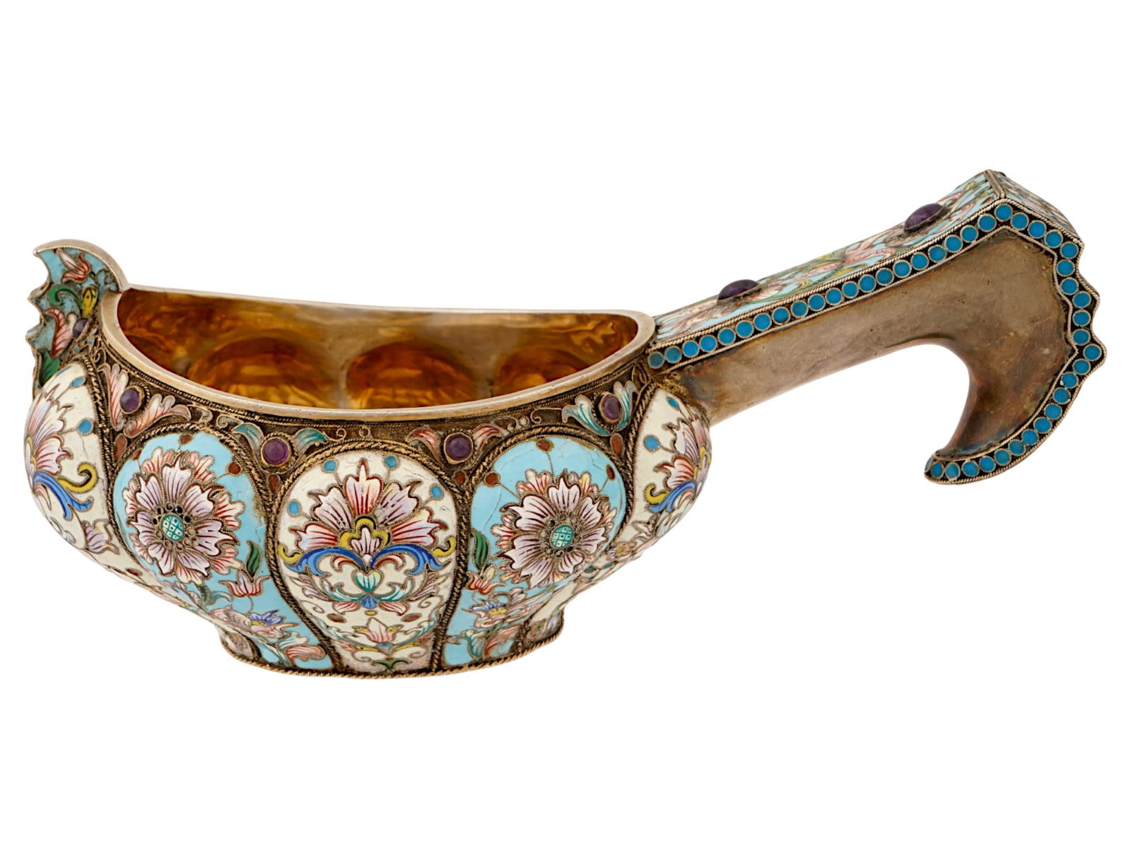 RUSSIAN GILT SILVER ENAMEL KOVSH WITH GEMSTONES (1 of 7)