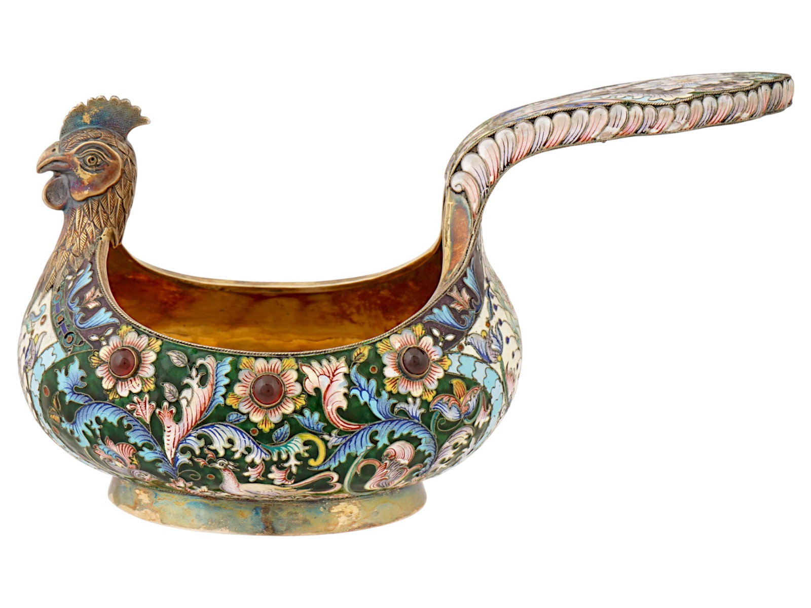 RUSSIAN GILT SILVER ENAMEL KOVSH MODELED AS A ROOSTER (1 of 7)