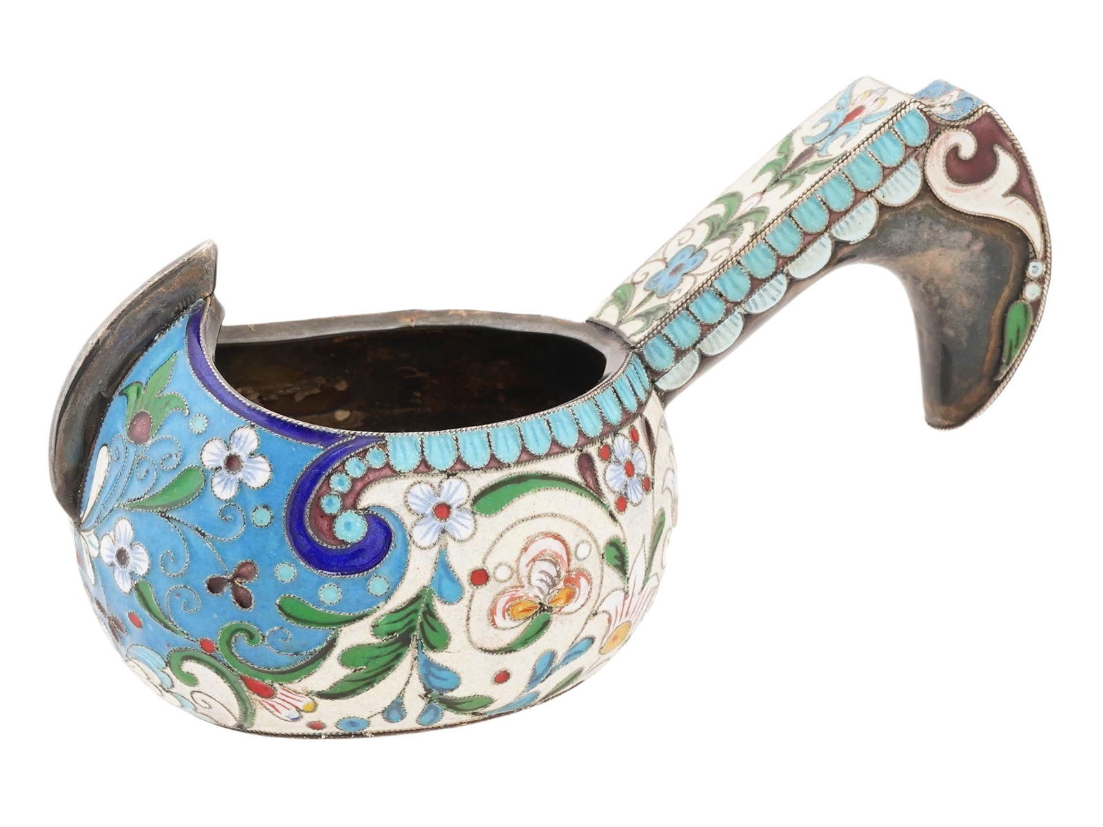 RUSSIAN SILVER CLOISONNE ENAMEL KOVSH LADLE: A Russian silver kovsh, a traditional oval-shaped drinking vessel or ladle with a single handle. Rounded piece with hooked handle. Floral cloisonne enamel decor. The interior is gilt. Hallmark of 84 s
