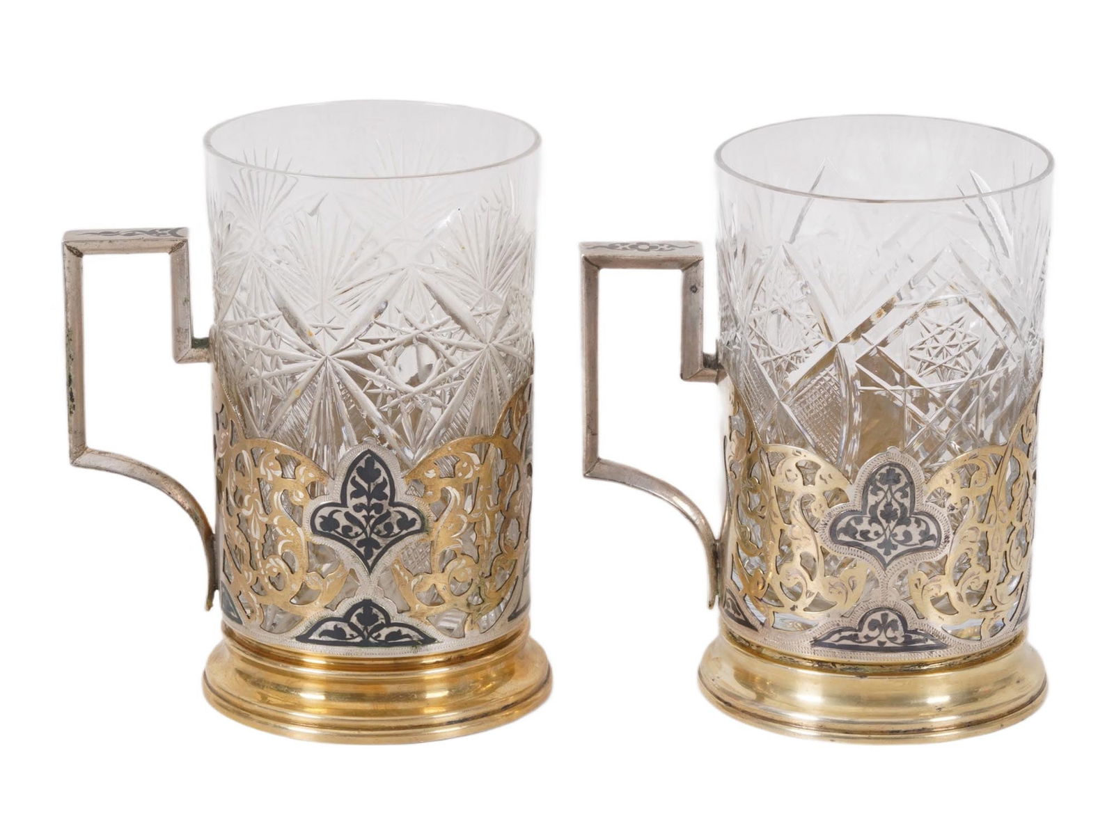 RUSSIAN SOVIET SILVER NIELLO GLASS HOLDERS WITH INSERTS (1 of 6)