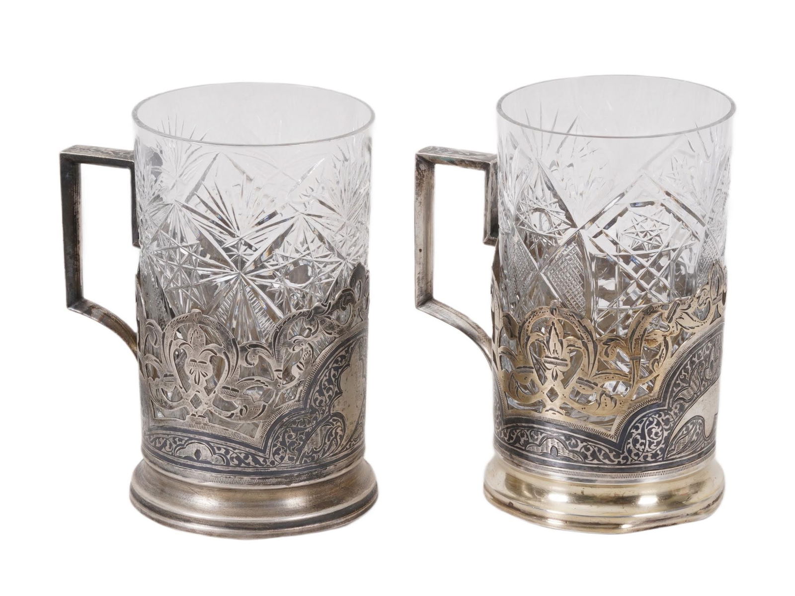 RUSSIAN SILVER NIELLO TEA CUP HOLDERS W CRYSTAL GLASS (1 of 8)