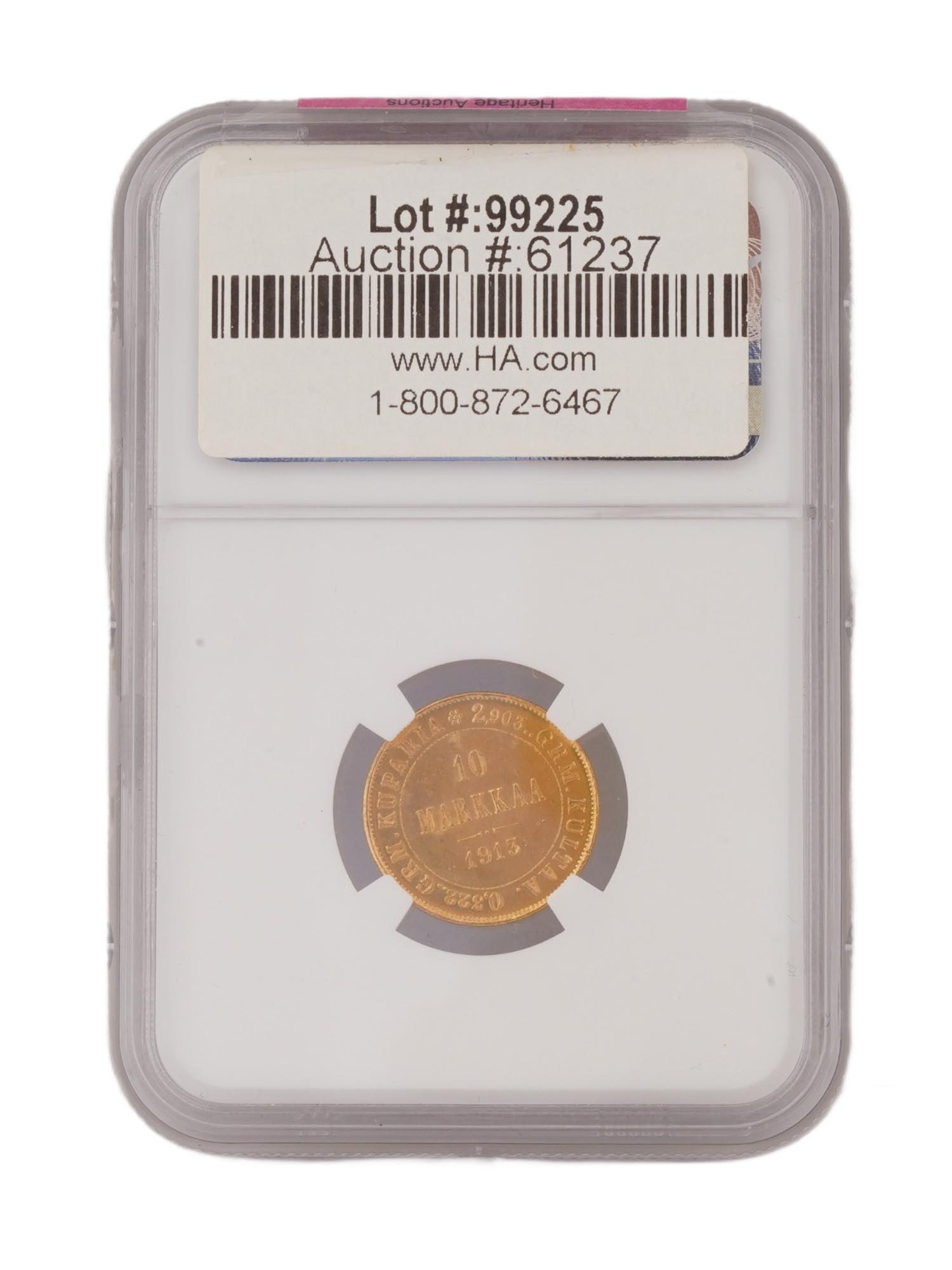 1913 RUSSIAN IMPERIAL S FINLAND G10M MS 65 GRADED NGC: A 1913 Finnish 10 Markka gold coin with the letter S, issued during the period of the Grand Duchy of Finlands incorporation into the Russian Empire under Nicholas II. It is certified by the Numismatic