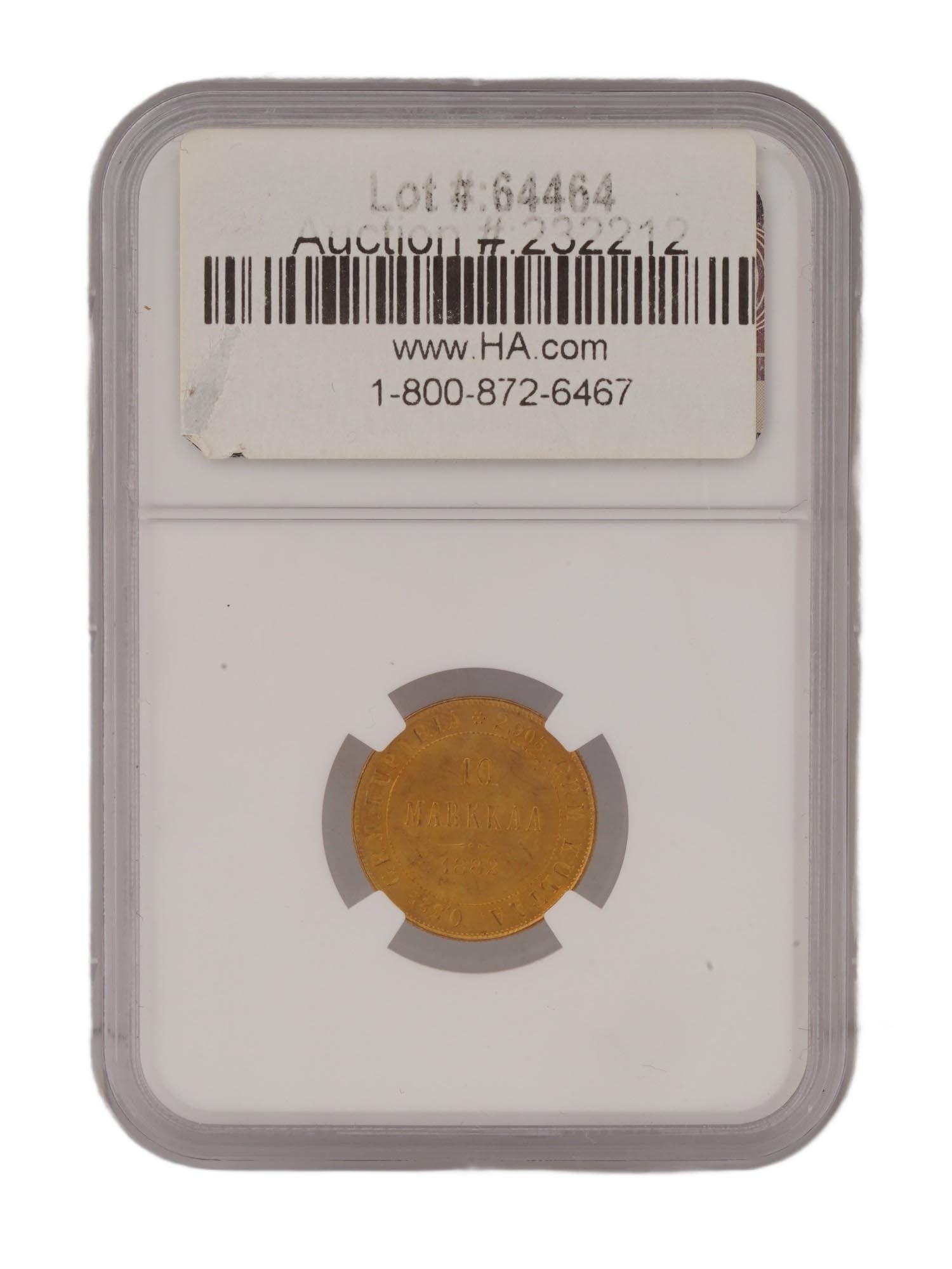 ANTIQUE GRADED 1882 RUSSIAN IMPERIAL FINLAND GOLD COIN: An antique 1882 Finland 10 Markkaa gold coin, graded as MS 64 by the Numismatic Guaranty Corporation. It is a gold coin minted for the Grand Duchy of Finland while it was part of the Russian Empire, f