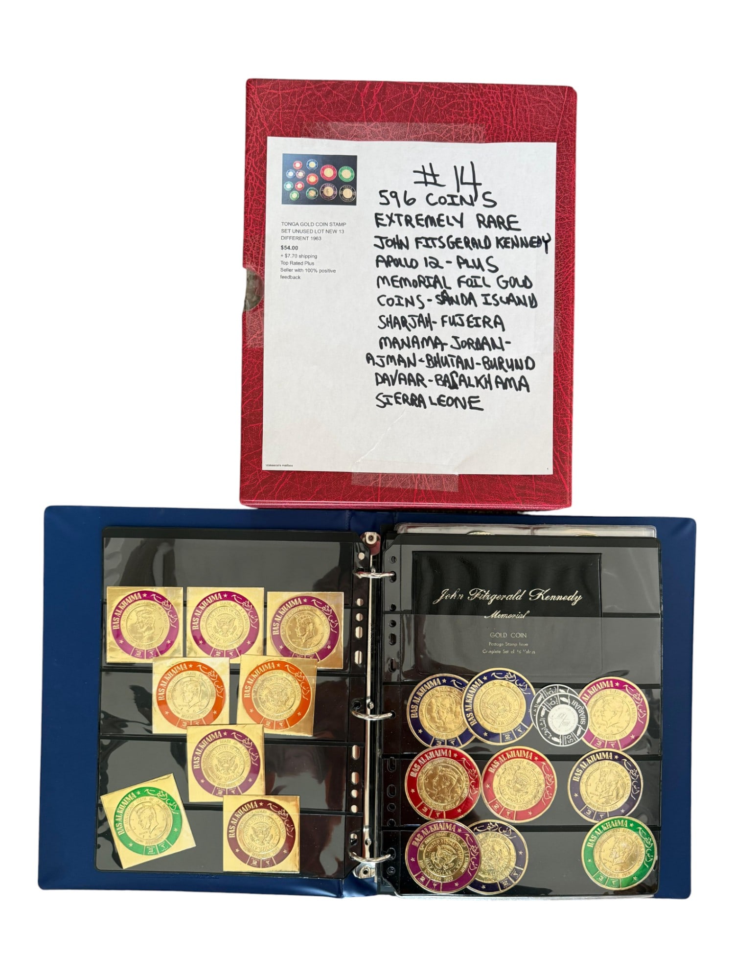 GROUP OF 596 MEMORIAL COINS JFK APOLLO 12 MISSION: A rare and extensive grouping of 596 memorial coins. Included are JFK memorial foil gold coins honoring John Fitzgerald Kennedy, as well as space-age tributes associated with the Apollo 12 mission, su