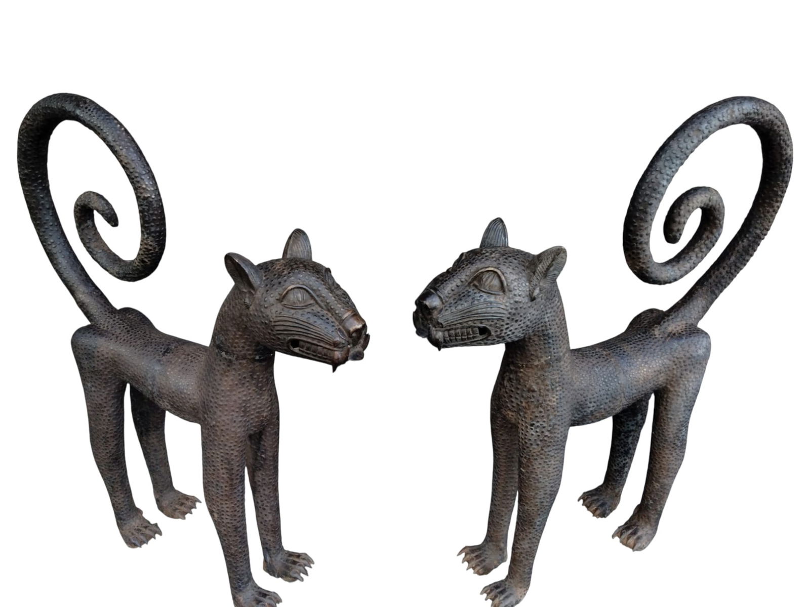 PAIR OF BENIN LEOPARD BRONZE STATUES NIGERIA WEST AFRICA (1 of 8)