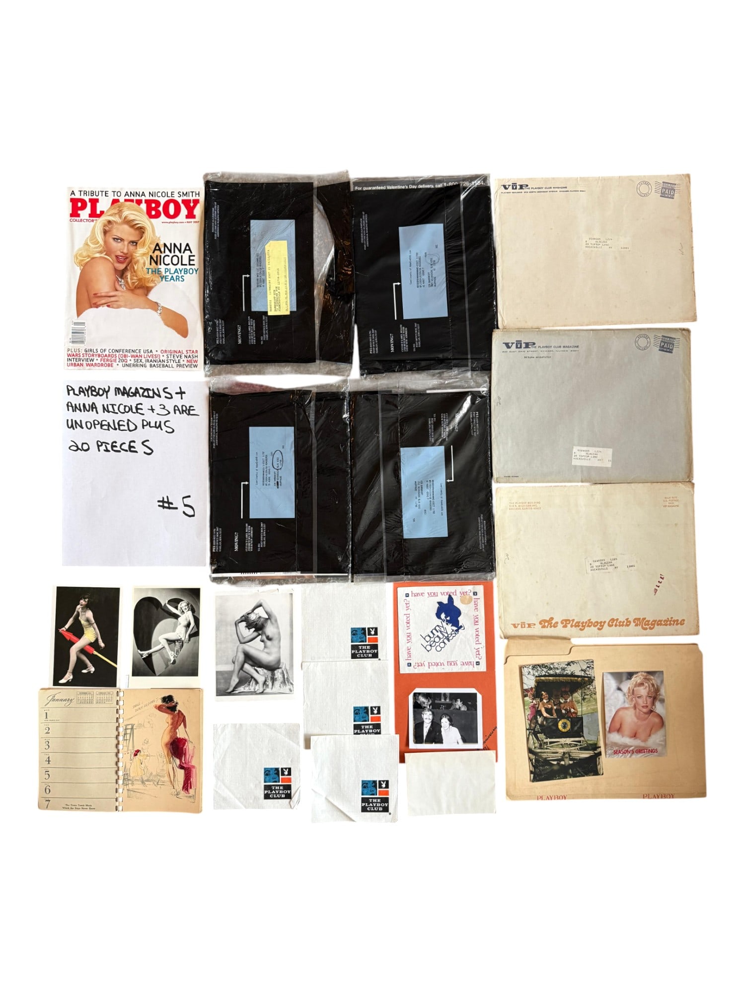 PLAYBOY MAGAZINES ANNA NICOLE 3 UNOPENED PLUS: A group of vintage mens magazines and other items: 3 sealed Playboy magazines, one opened, 3 Playboy VIP mailing envelopes, 1 Some Things to Remember, artist card by K Munson, 4 postcards, 5 Playboy n