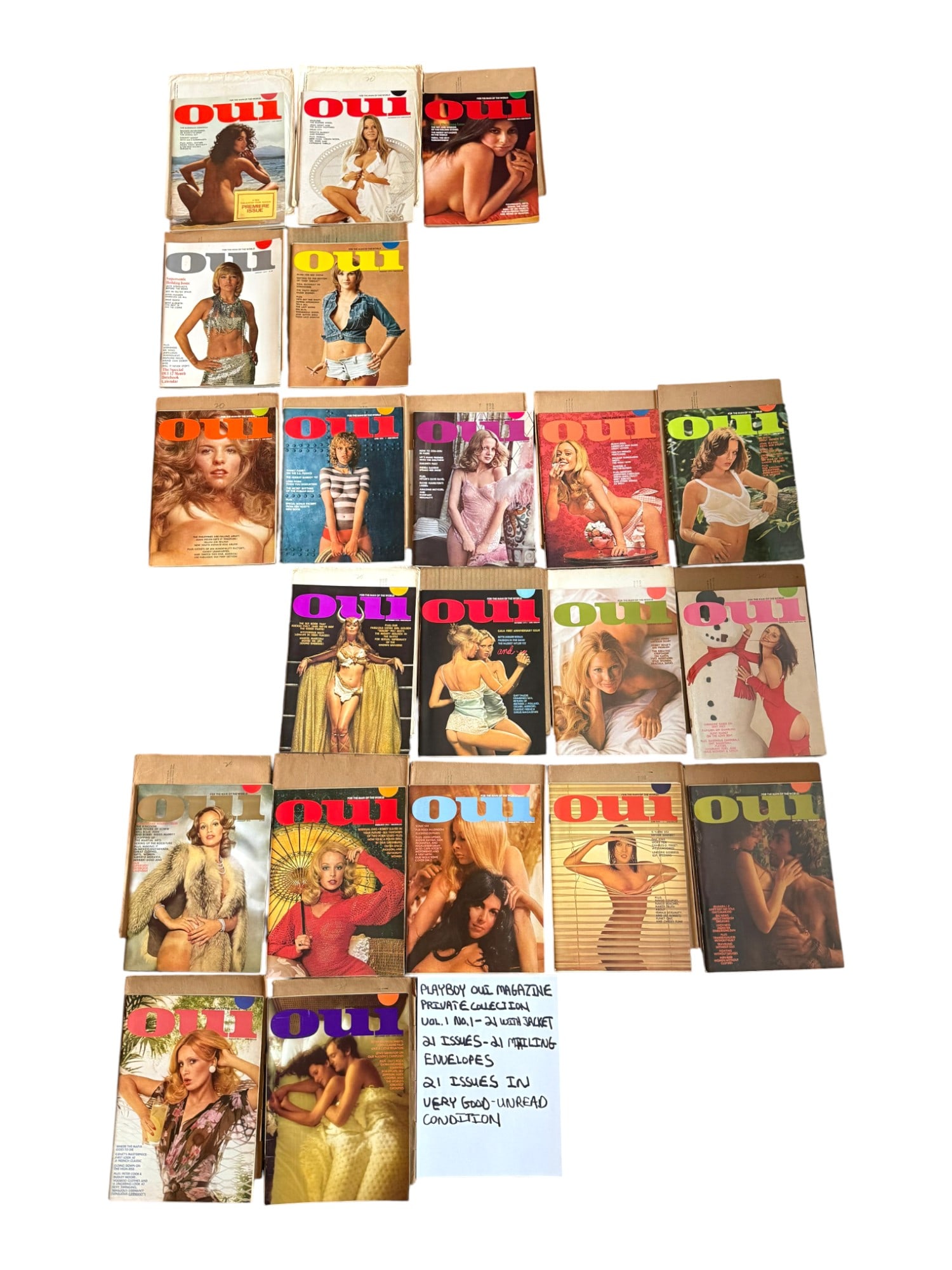 21 PLAYBOY OUI MAGAZINES VOL 1 NO. 1 PLUS MAILING ENVELOPES: A vintage American private collection of 21 Playboy Oui magazine issues and mailing envelopes. The lot includes magazines from 1972: Oct, Nov, Dec. 1973: Jan, Feb, Mar, Apr, May, Aug, Sept, Oct, Nov,