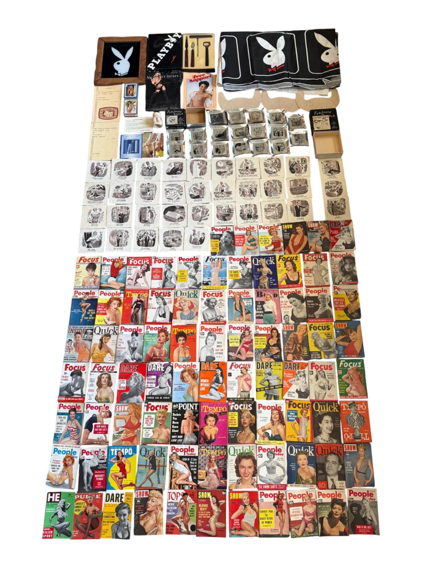 COLLECTION OF VINTAGE PLAYBOY MAGAZINES AND ACCESSORIES: A collection of vintage Playboy magazines and related accessories. It includes 83 1950s pin-up women magazines, Quick, Focus, Dare, etc. 36 1950 Box Fractured French Women Napkins, 19 1950 Box Fractur