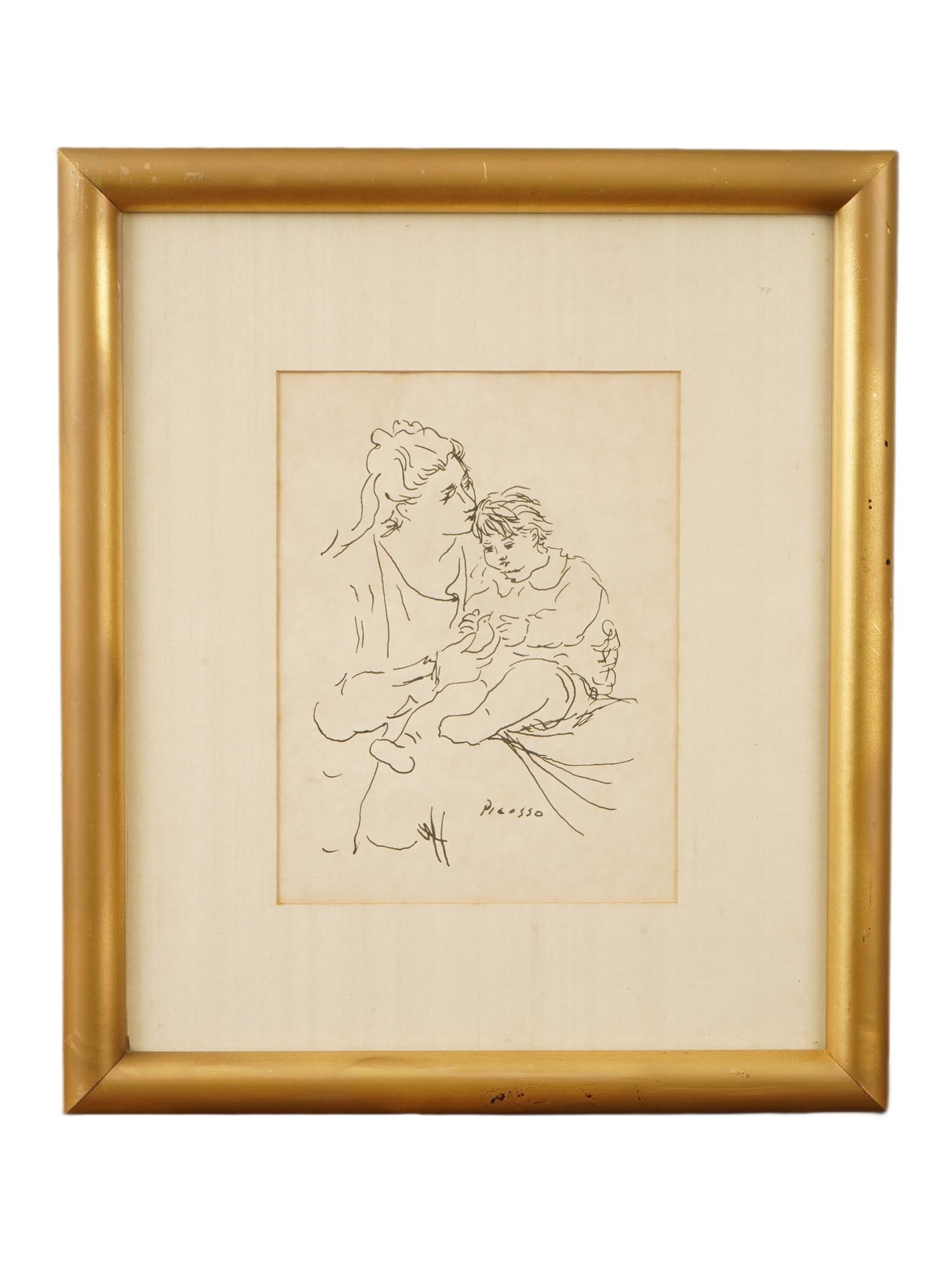 LITHOGRAPH AFTER PABLO PICASSO MOTHER AND CHILD 1922: A lithograph print on paper after Pablo Picasso, 1881 to 1973, a Spanish modernist artist. Titled Mother and Child. Circa 1922. Depicts a tender scene of a mother and child rendered in a simple expres