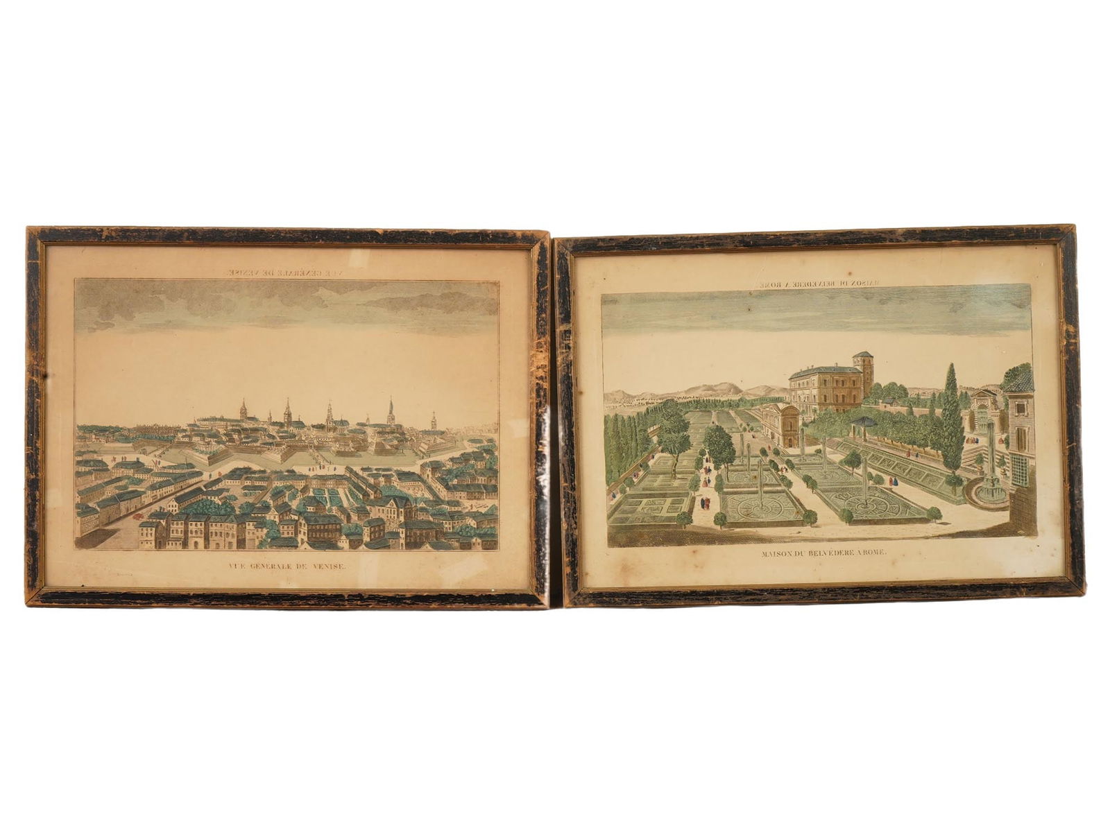 LOT OF TWO ANTIQUE COLOR EUROPEAN ENGRAVINGS: A lot of two antique color European engravings. The first is a formal perspective view of the Belvedere Courtyard and Gardens in the Vatican, Rome. It features symmetrical parterre gardens, fountains,