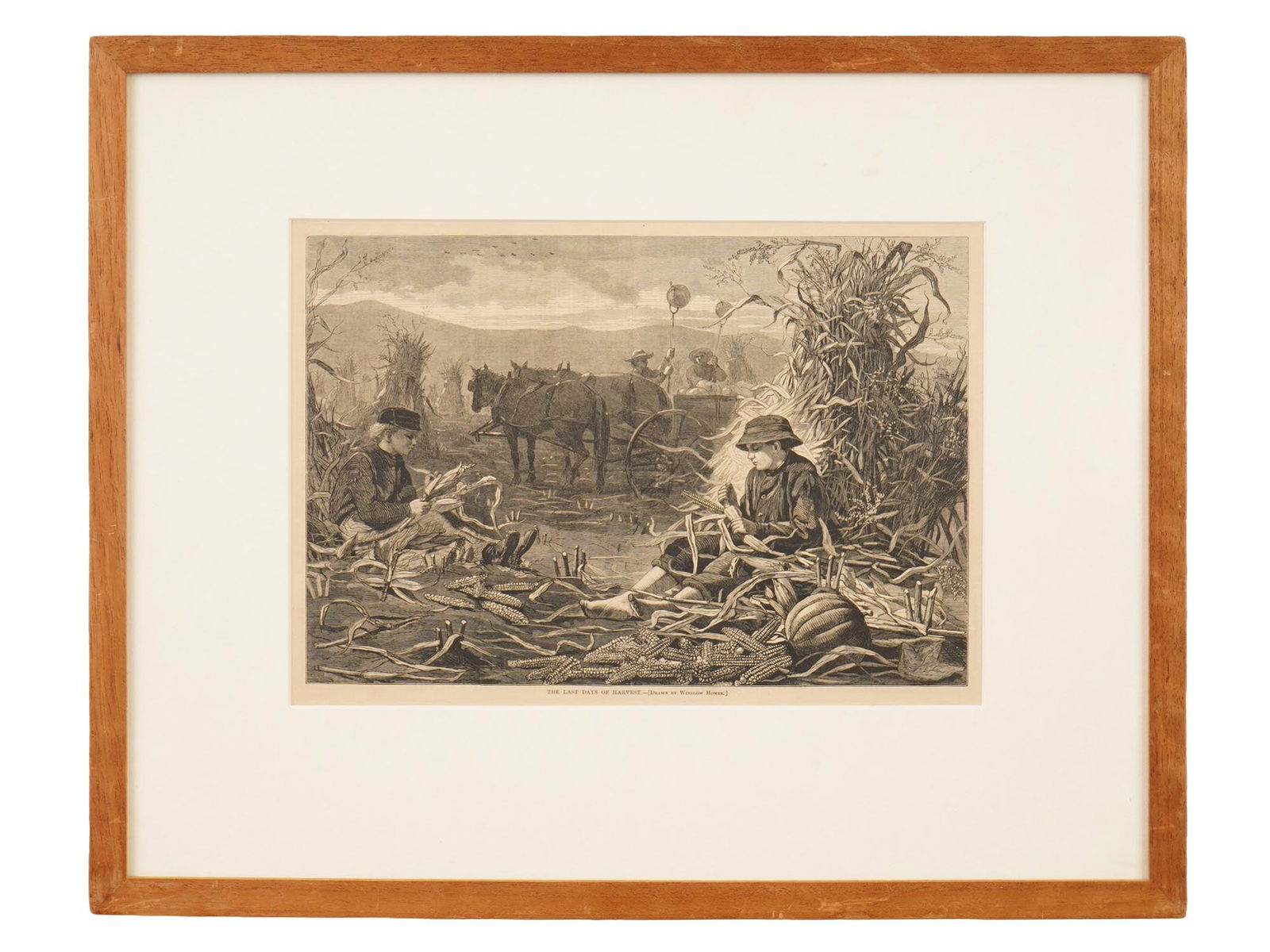 WINSLOW HOMER AMERICAN POST CIVIL WAR ENGRAVING 1873: Winslow Homer, American, 1836 to 1910, an engraving titled The Last Days of Harvest. It appeared as a wood engraving in the December 6, 1873, issue of Harpers Weekly. During the post-Civil War era, Ho