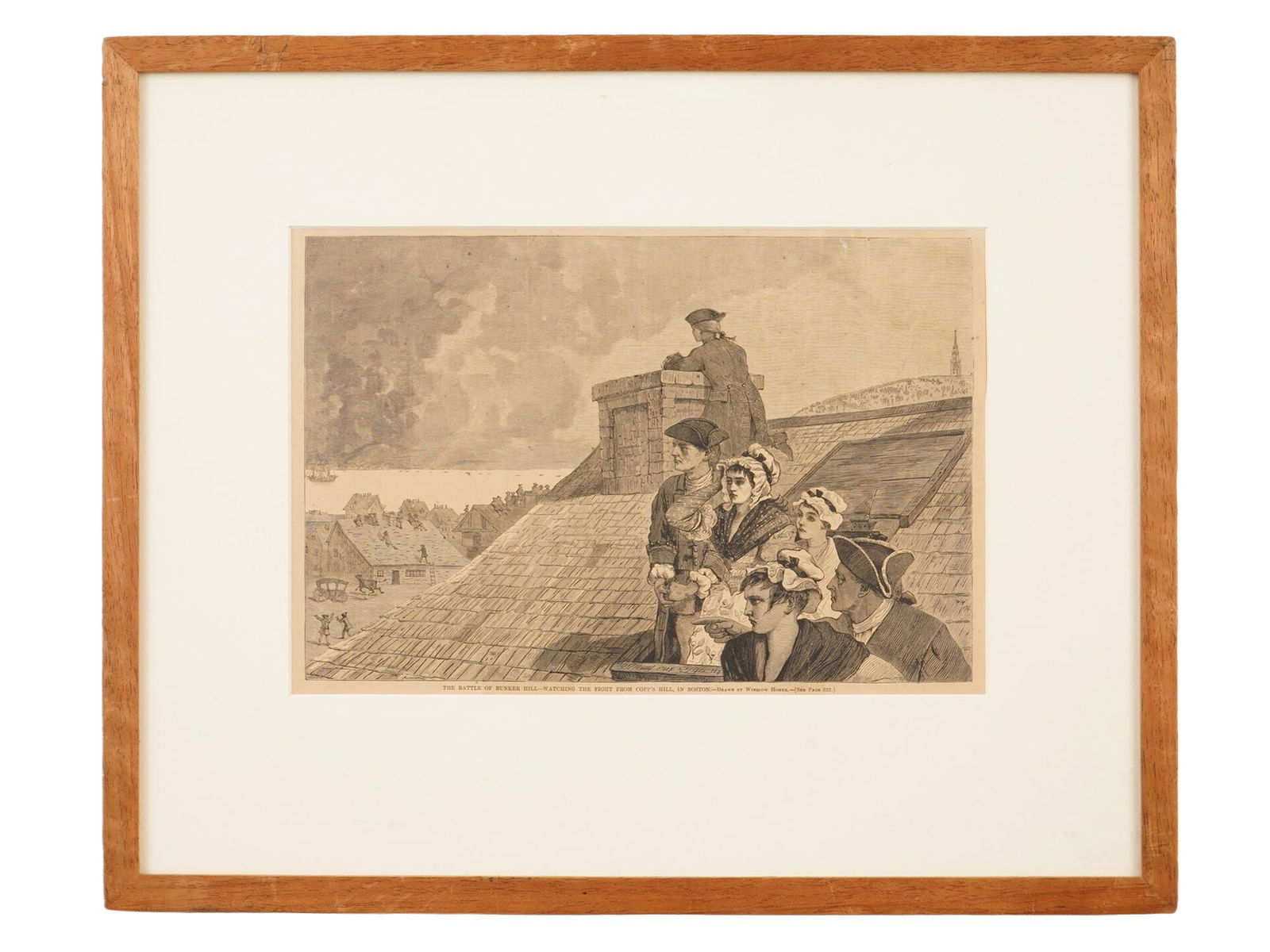 WINSLOW HOMER ENGRAVING THE BATTLE OF BUNKER HILL 1875: Winslow Homer, American, 1836 to 1910, engraving on paper, depicting an American illustration titled The Battle of Bunker Hill - Watching the Fight from Copps Hill, in Boston. This work was published