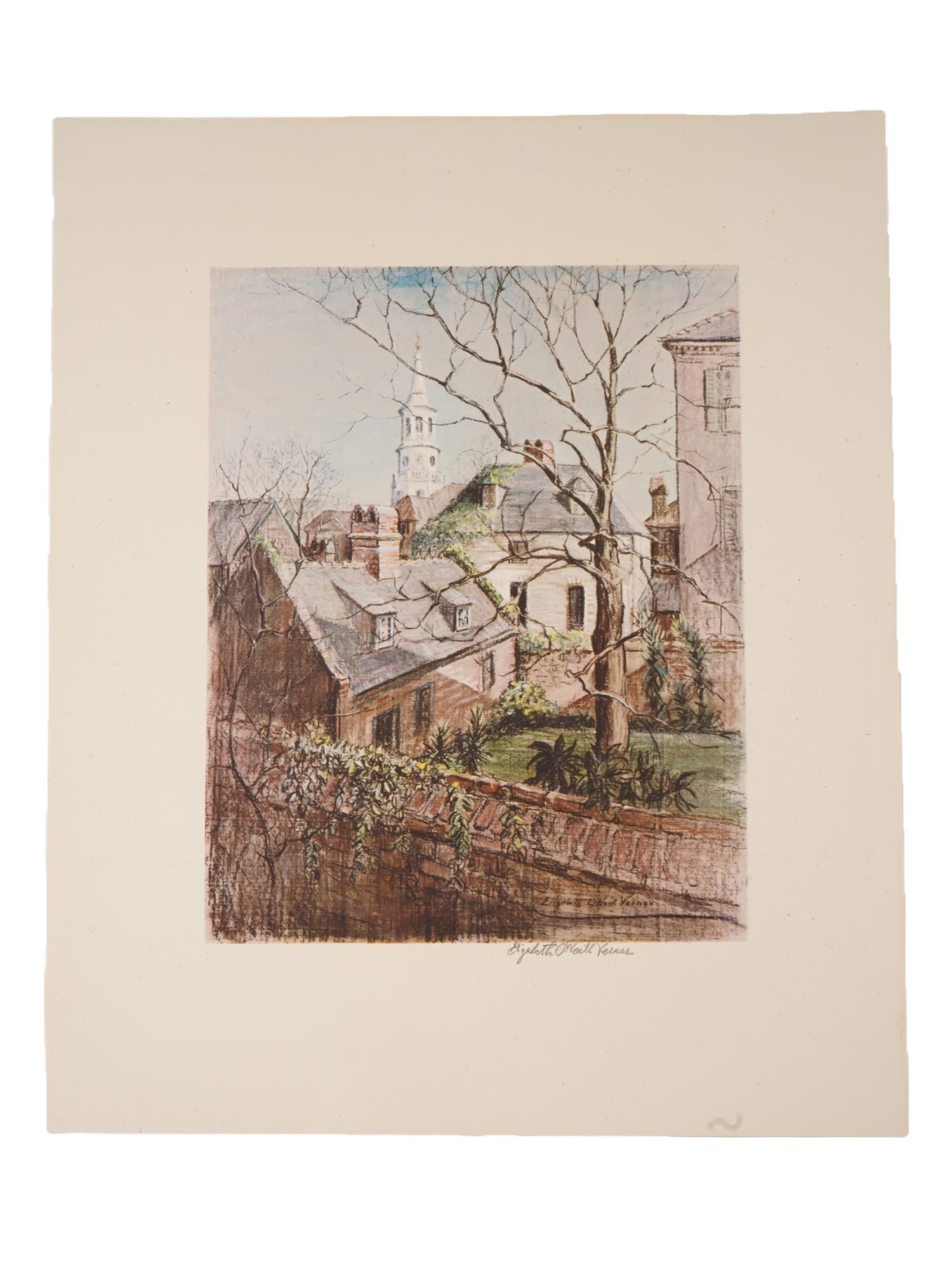 PRINT AFTER DRAWING BY ELIZABETH ONEILL VERNER: An art print after a pastel drawing titled In the Bend of Church Street, Charleston by American artist Elizabeth ONeill Verner, 1883 to 1979, a prominent figure of the Charleston Renaissance. The comp