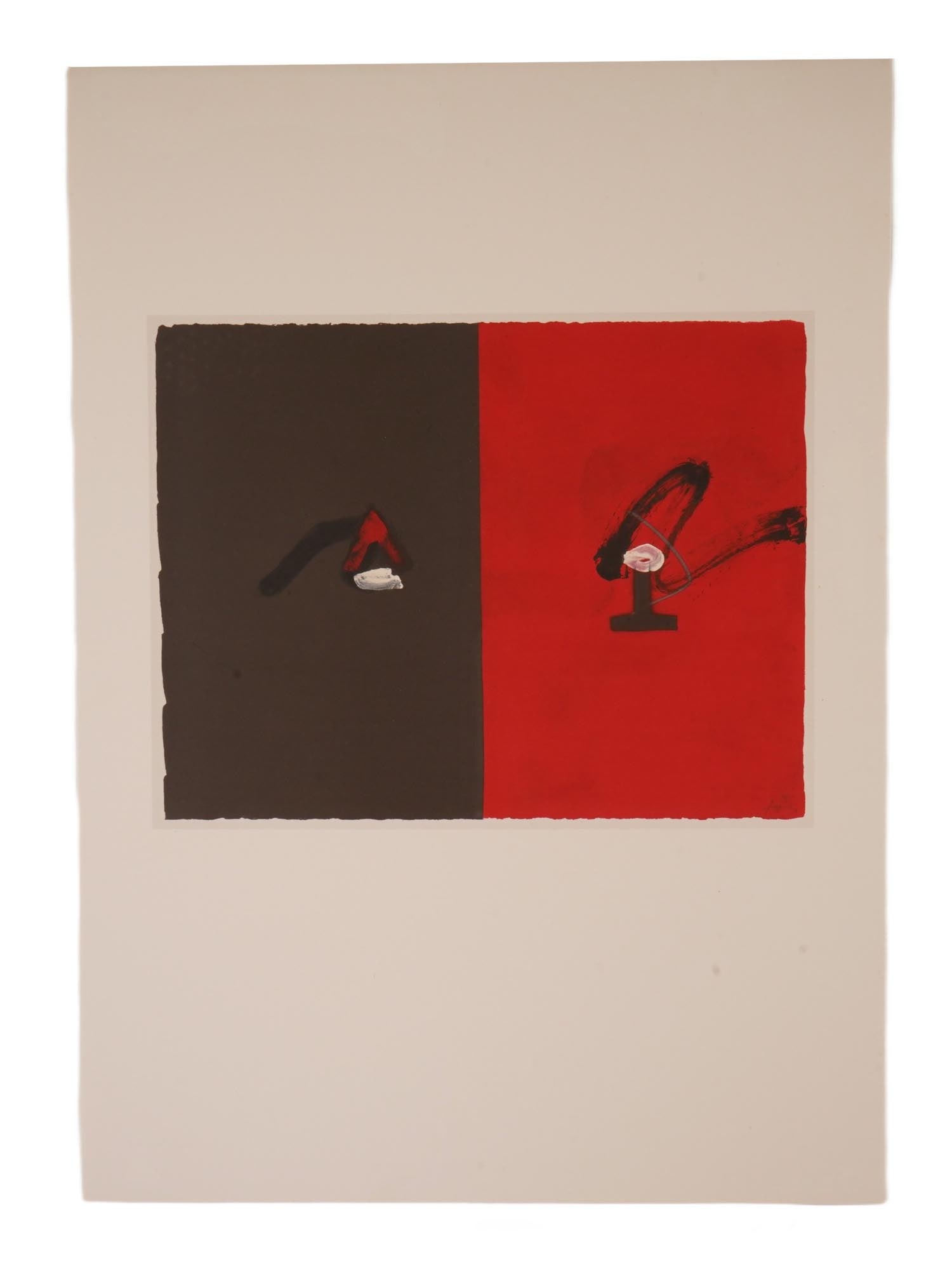 MODERNIST ABSTRACT LITHOGRAPH BY ANTONI TAPIES SIGNED: Antoni Tapies, Catalonian, 1923 to 2012, a lithograph on paper, Roig i Negra or Rouge et Noir, Red and Black. Signed lower right. Titled and dated 1981 in the print, on the backside. Antoni Tàpies wa