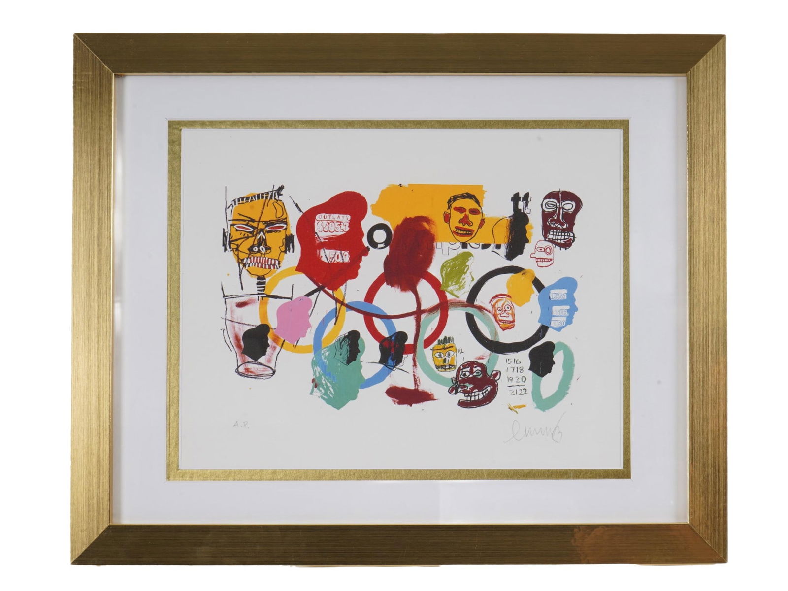 LITHOGRAPH SIGNED JEAN MICHEL BASQUIAT OLYMPICS 1984: A limited edition lithograph Olympics after the celebrated collaborative work by Jean-Michel Basquiat and Andy Warhol, created to commemorate the 1984 Summer Olympics in Los Angeles. Based on the orig
