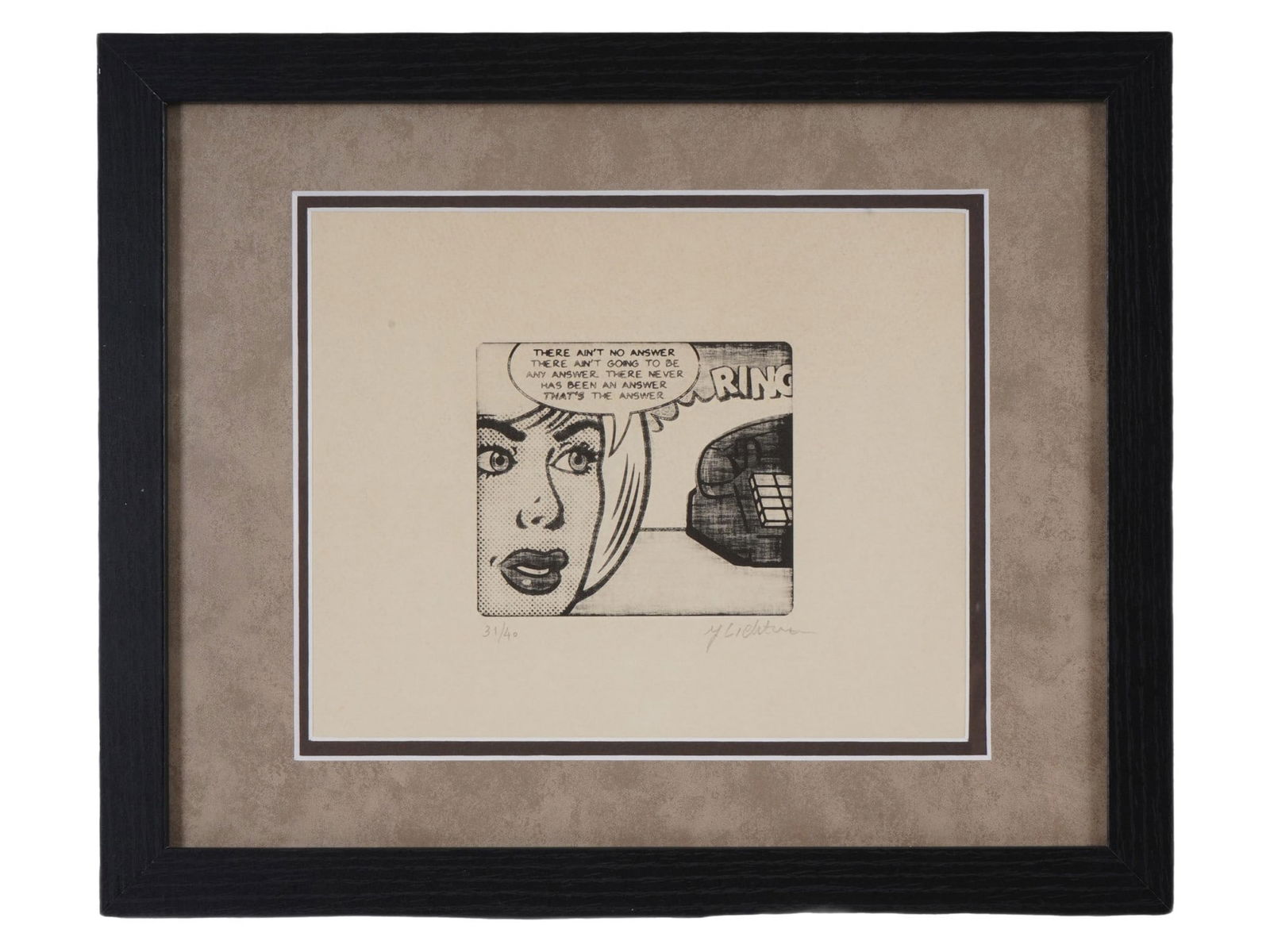 SIGNED ROY LICHTENSTEIN LIMITED EDITION ETCHING: A limited edition etching on paper depicting a genre scene with a woman and a telephone. Signed in pencil, Lichtenstein, lower right. Numbered 31 of 40 in pencil, lower left. Framed. Roy Lichtenstein,