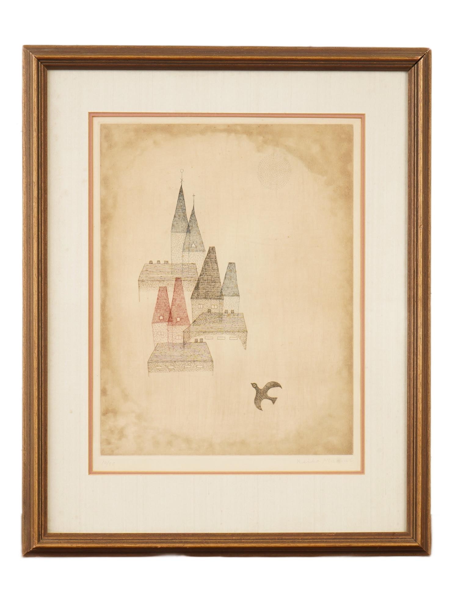 JAPANESE ETCHING CASTLE HAND SIGNED KEIKO MINAMI: An aquatint etching titled Castle, circa 1988, by Japanese artist Keiko Minami, 1911 to 2004. Minami developed a distinctive modernist style influenced by Japanese folk traditions and European
