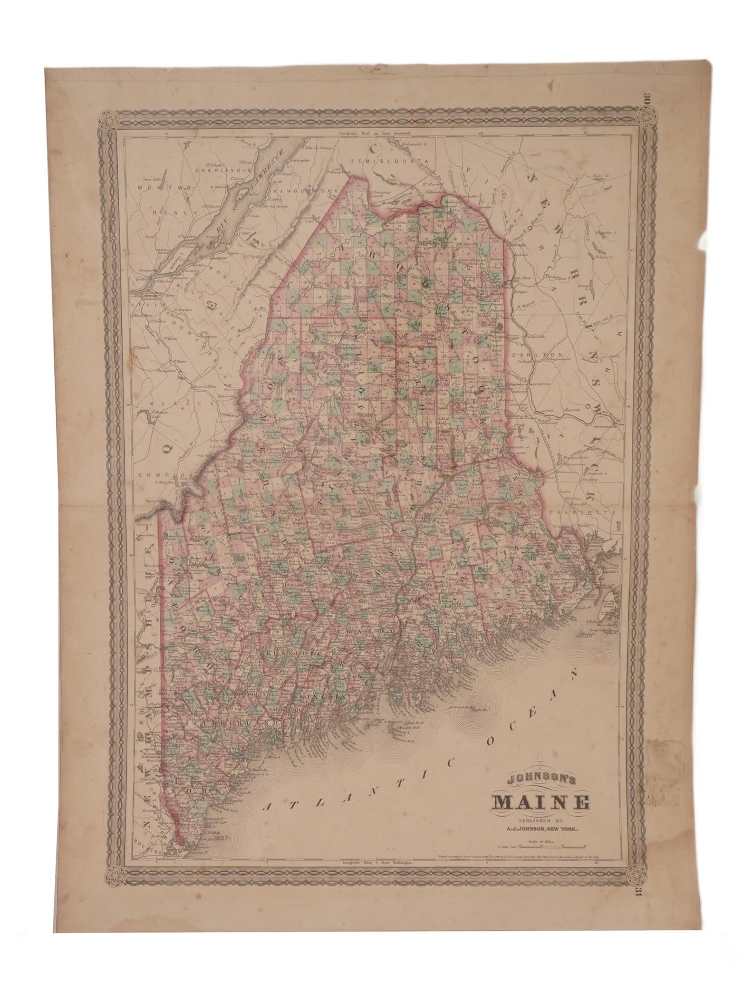 ANTIQUE AMERICAN HAND COLORED JOHNSONS MAP OF MAINE: An antique hand-colored map titled Johnsons Map of Maine, published by A.J. Johnson and issued as a plate from Johnsons New Illustrated Family Atlas, dating between 1860 and 1869. The map illustrates