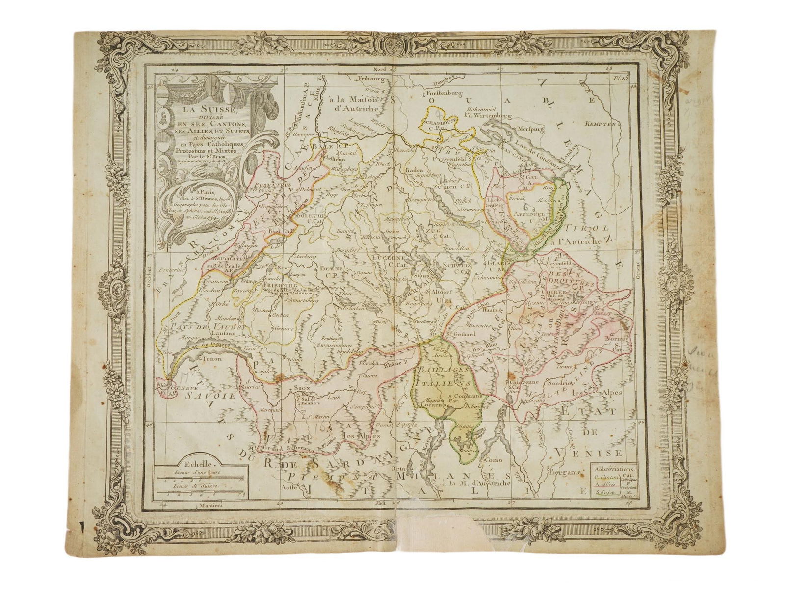 ANTIQUE 18TH CENTURY FRENCH MAP OF SWITZERLAND: An antique map of Switzerland from the 18th century, entitled La Suisse Divisee En Ses Cantons, Ses Allies et Sujets. Cartographer: Louis Brion de la Tour. The map was printed in Paris and was include