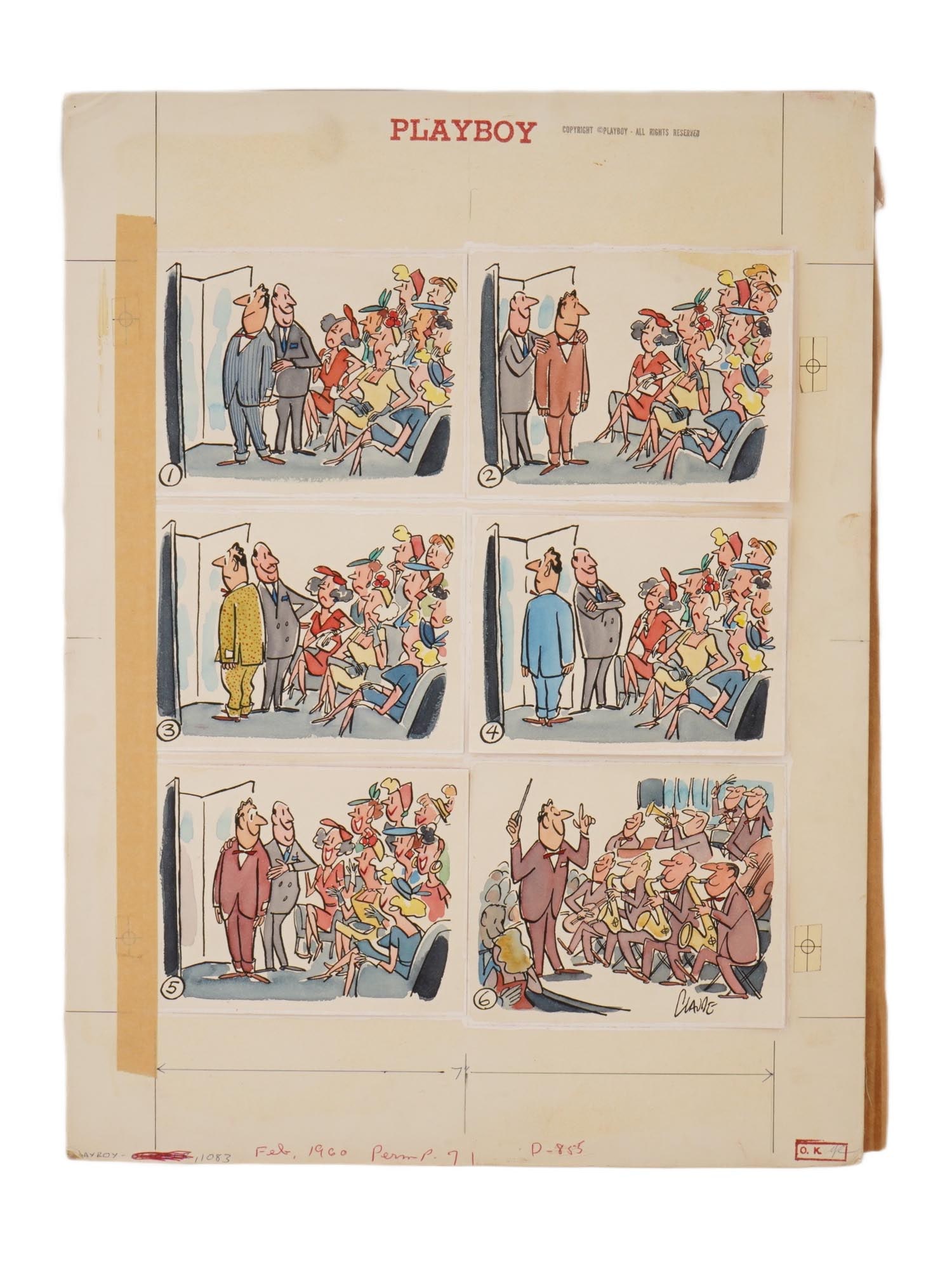 PLAYBOY SKETCH CARTOON ILLUSTRATION BY CLAUDE SMITH: A sketch of cartoon illustrations by artist Claude Smith, done for Playboy magazine, February 1960, page 71. Signed lower right. The artwork is archival material from Playboy magazine, as evidenced by