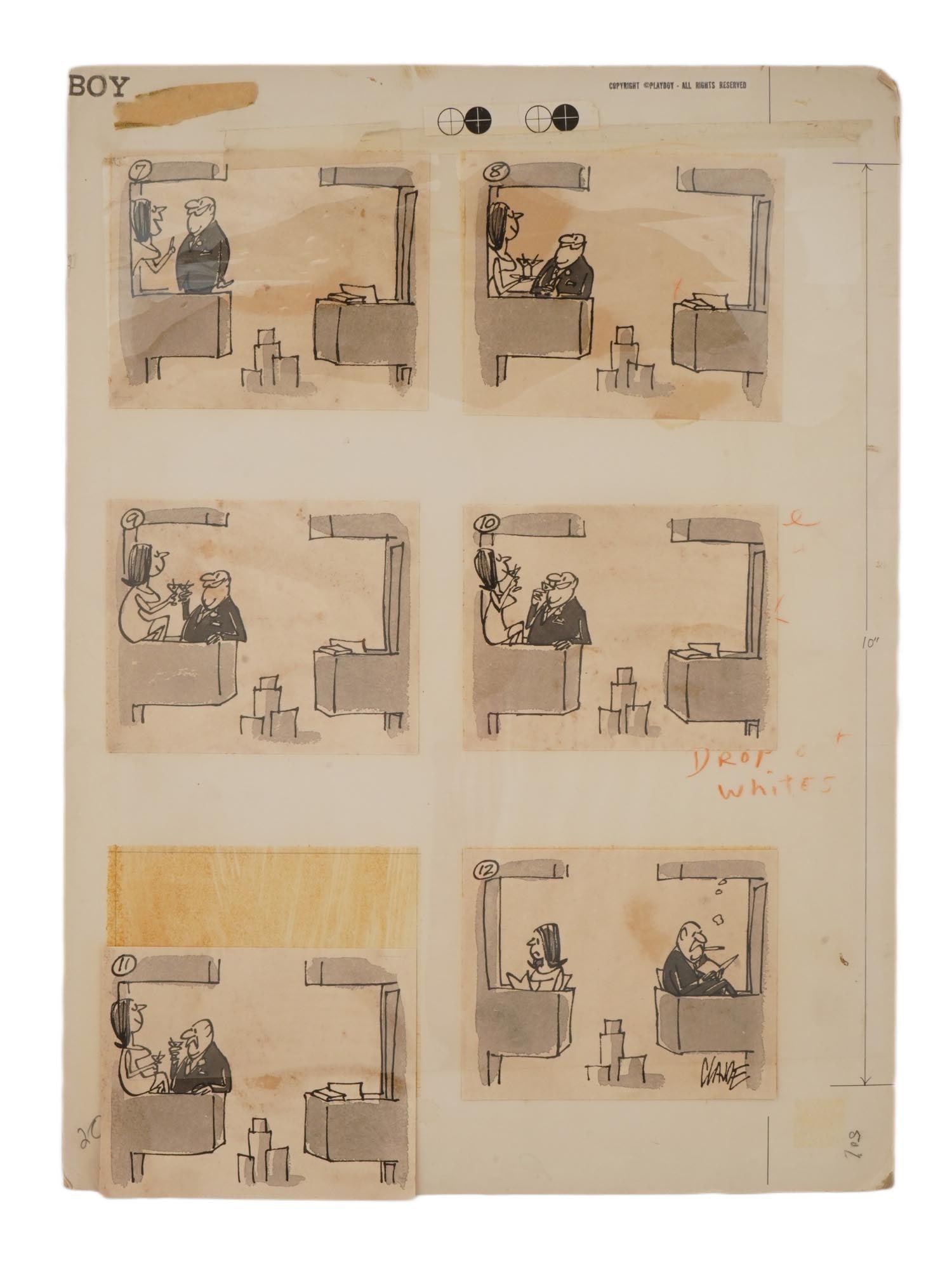 PLAYBOY SKETCH CARTOON ILLUSTRATION BY CLAUDE SMITH: A sketch of cartoon illustrations by artist Claude Smith, done for Playboy magazine, September 69, page 253. Signed lower right. The artwork is archival material from Playboy magazine, as evidenced by