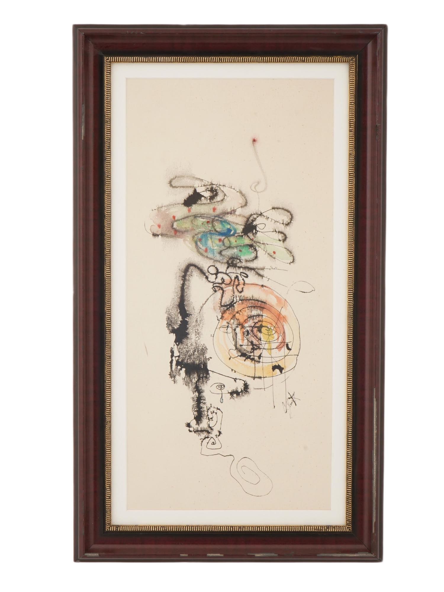 ABSTRACT MIXED MEDIA ARTWORK SIGNED C. JANET: An abstract mixed-media artwork on paper, signed C. Janet in the lower right, executed in a modern abstract style combining ink and watercolor. The composition emphasizes fluid line, spontaneous